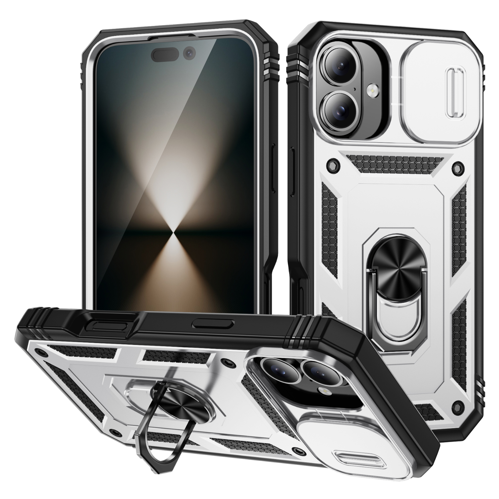 For iPhone 16 Case Sliding Camera Cover Ring Kickstand PC+TPU Phone Shell - White+Black