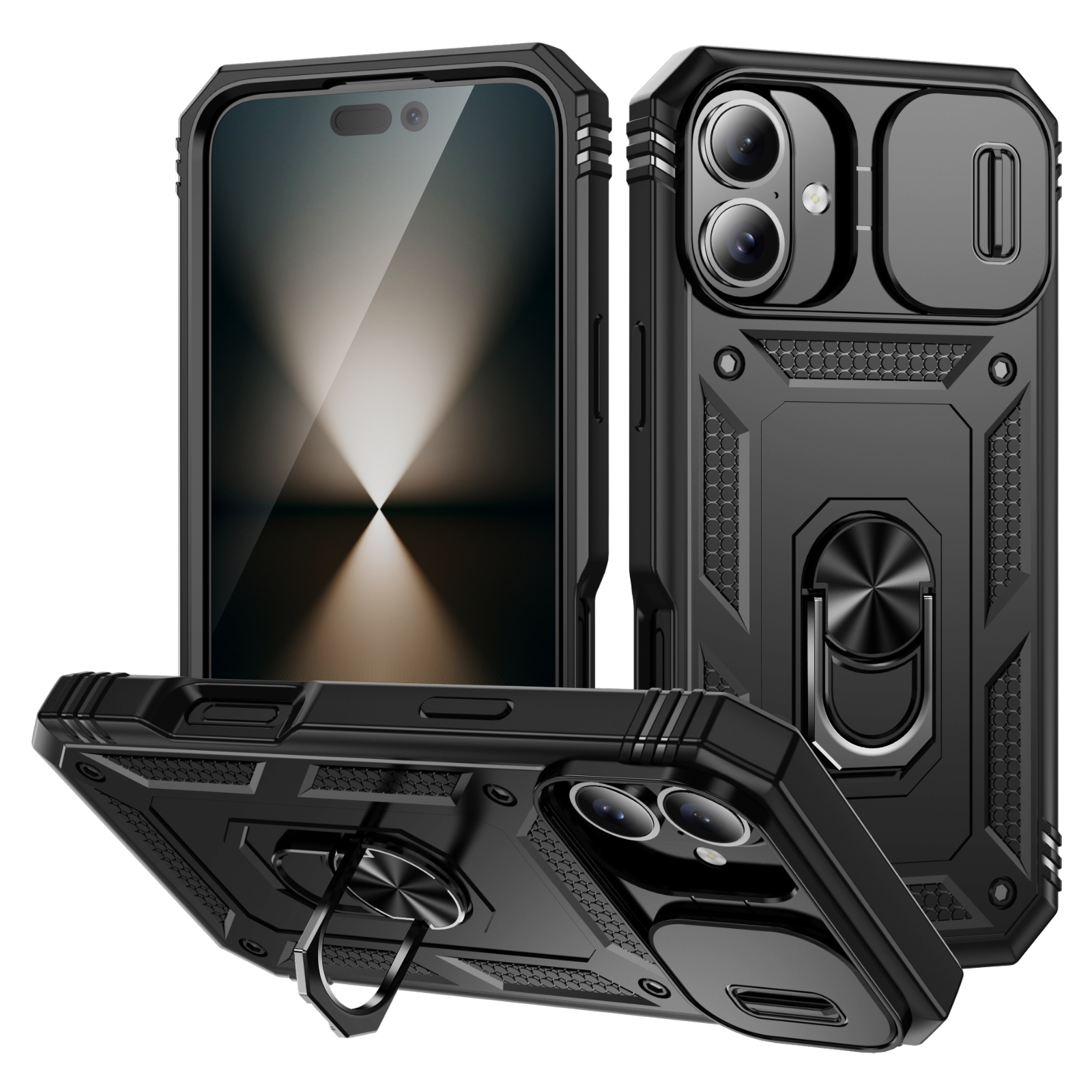 For iPhone 16 Case Sliding Camera Cover Ring Kickstand PC+TPU Phone Shell - Black