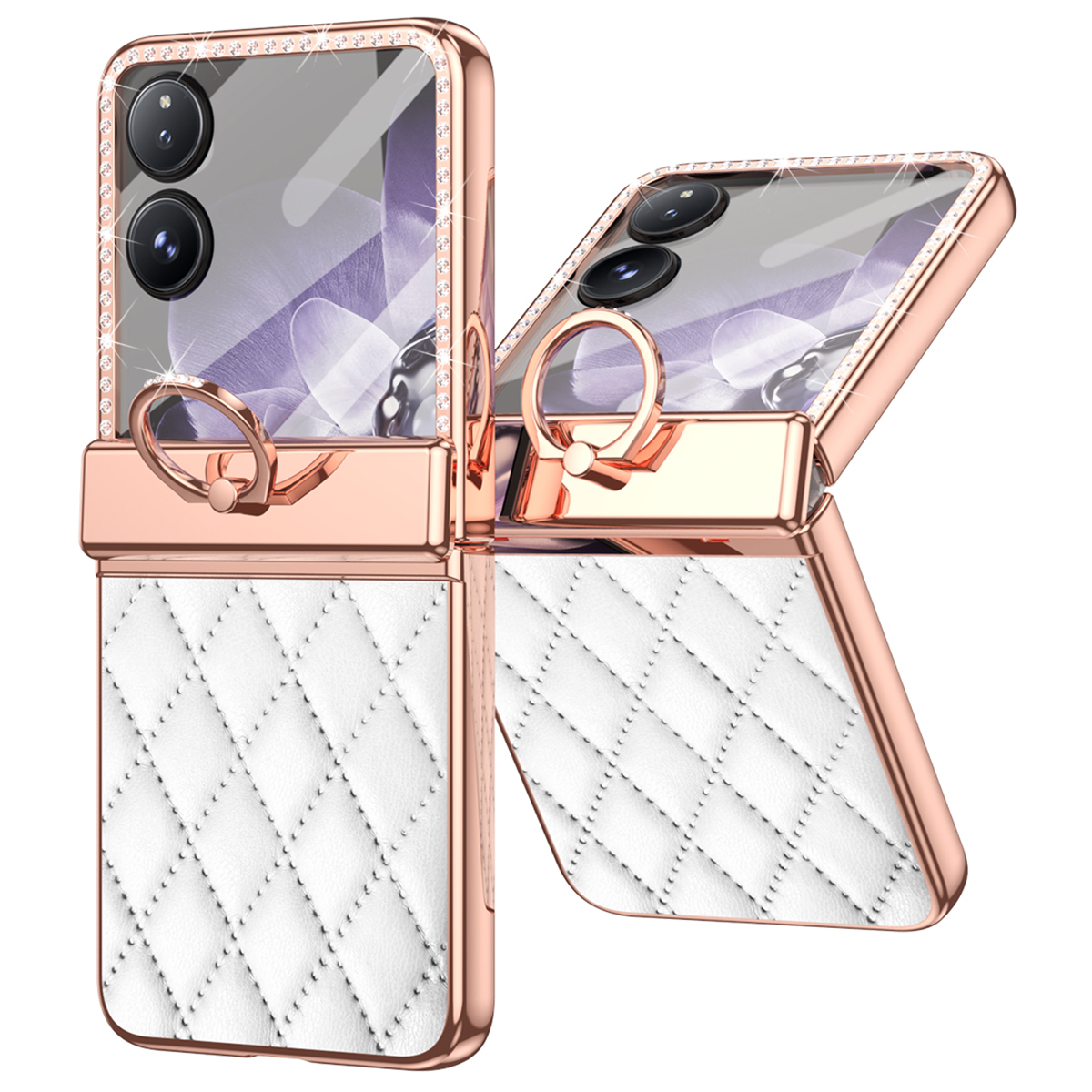 For Xiaomi Mix Flip 5G Case Ring Holder Rhinestone Leather+PC Cover with Rear Screen Film - White