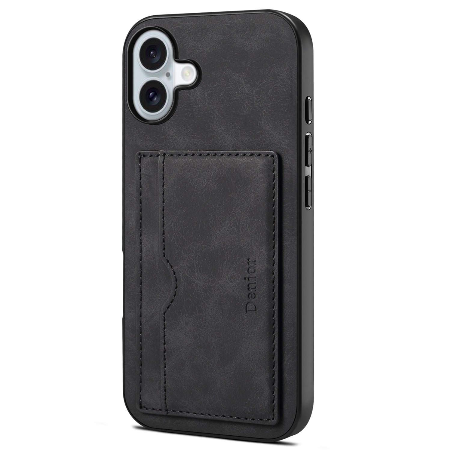 DENIOR For iPhone 16 Plus Case Card Holder Kickstand Retro Leather+PC+TPU Phone Cover - Black