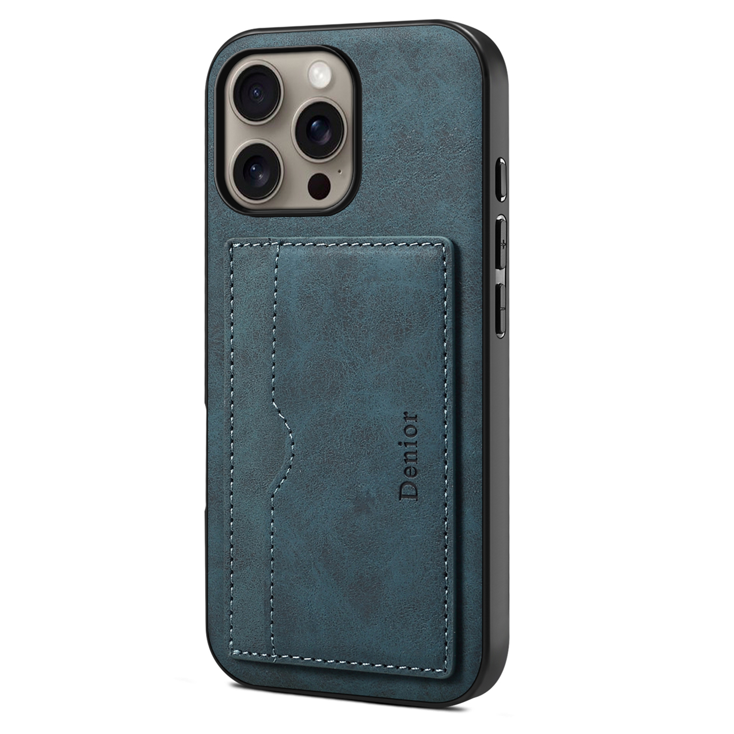 DENIOR For iPhone 16 Pro Case Card Holder Kickstand Retro Leather+PC+TPU Phone Cover - Blue