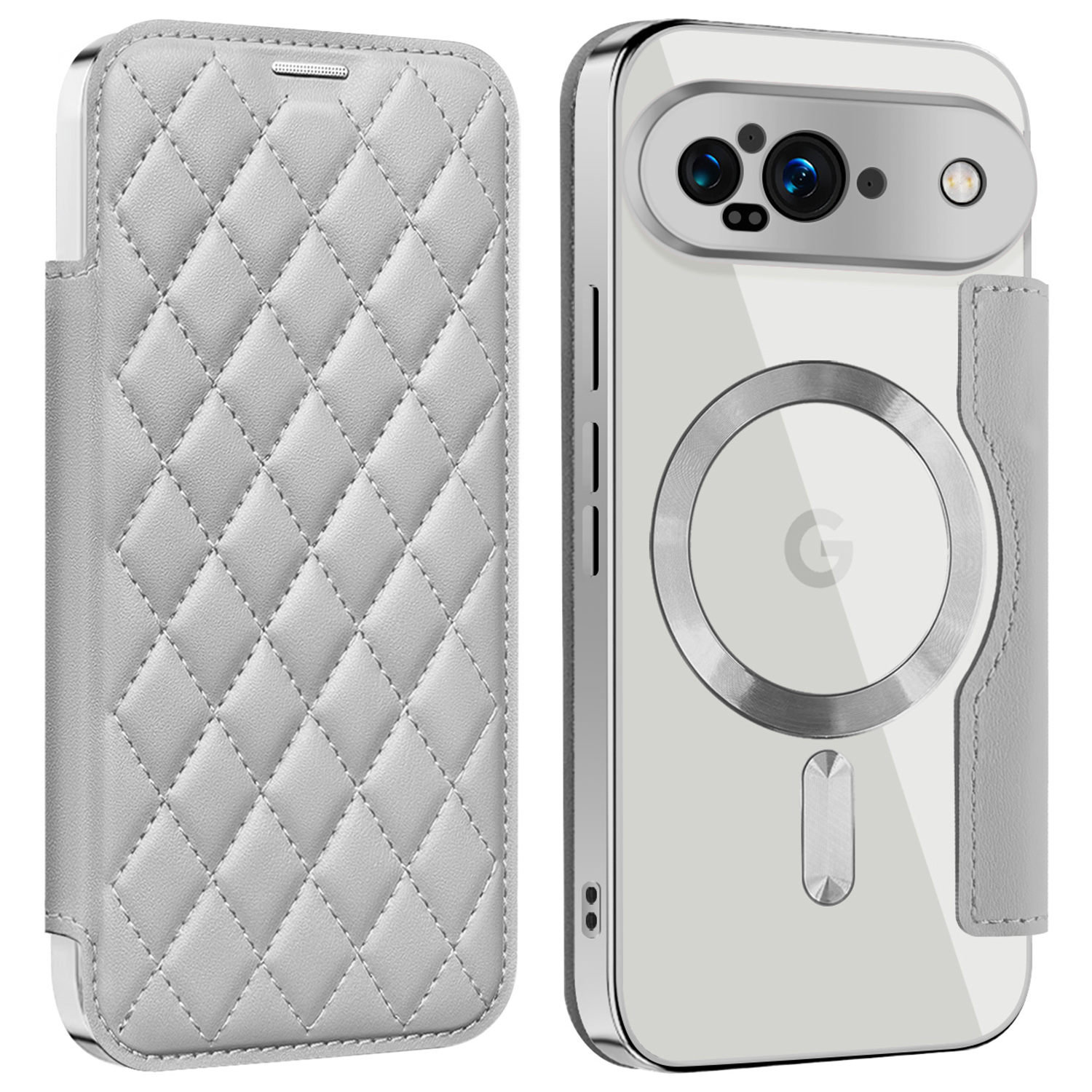 For Google Pixel 9 Magnetic Case Rhombus PU Leather Phone Cover - Titanium Grey
