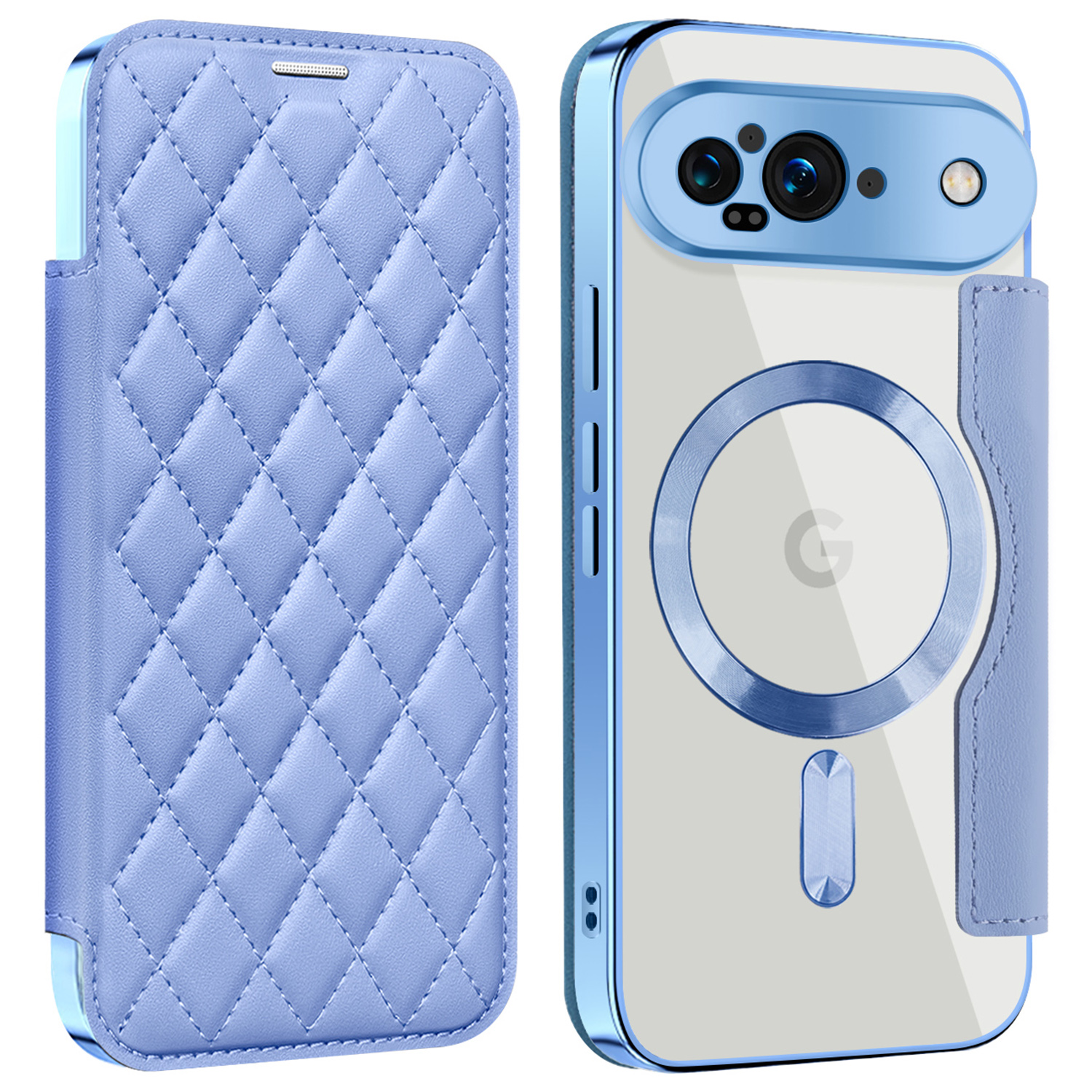 For Google Pixel 9 Magnetic Case Rhombus PU Leather Phone Cover - Blue