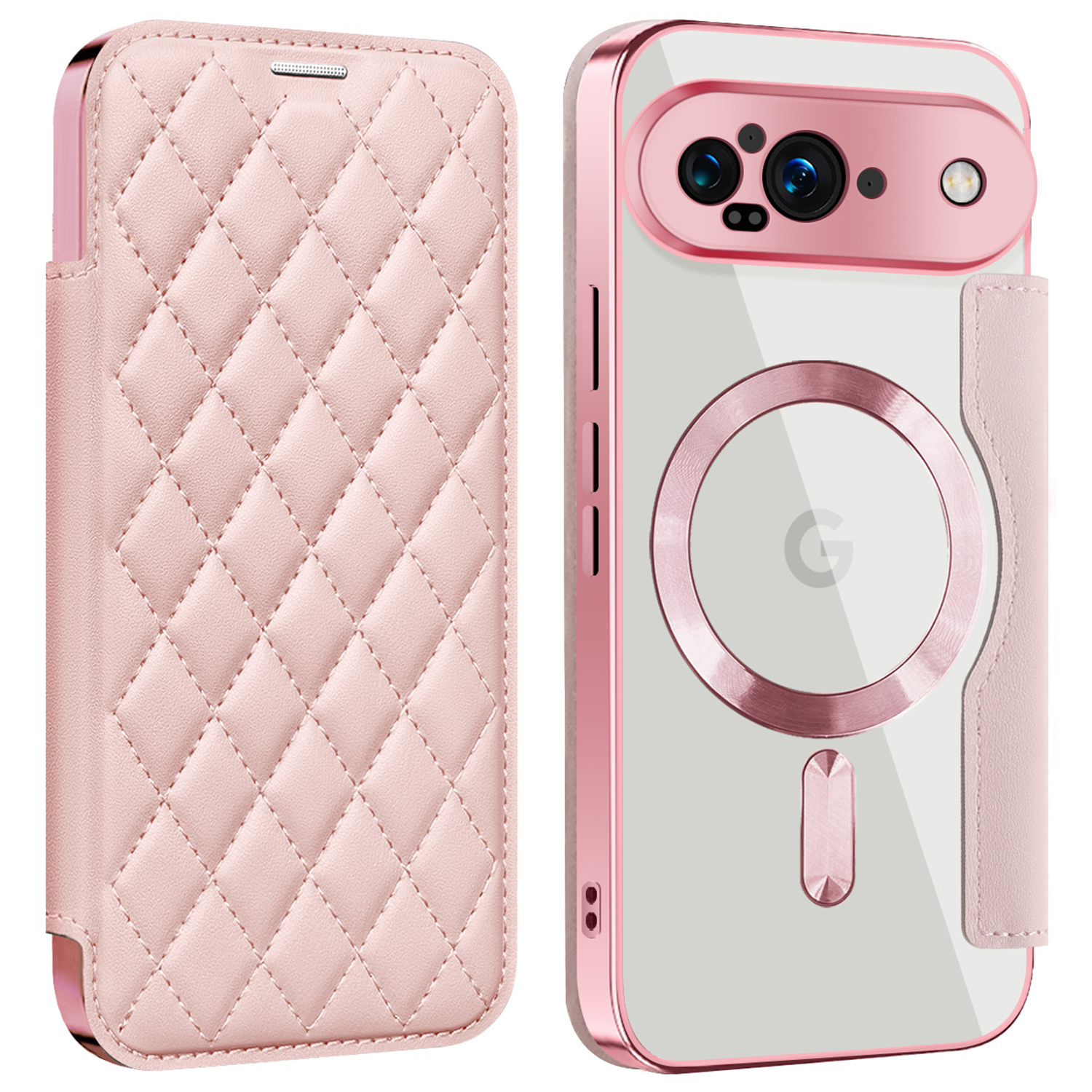 For Google Pixel 9 Magnetic Case Rhombus PU Leather Phone Cover - Pink