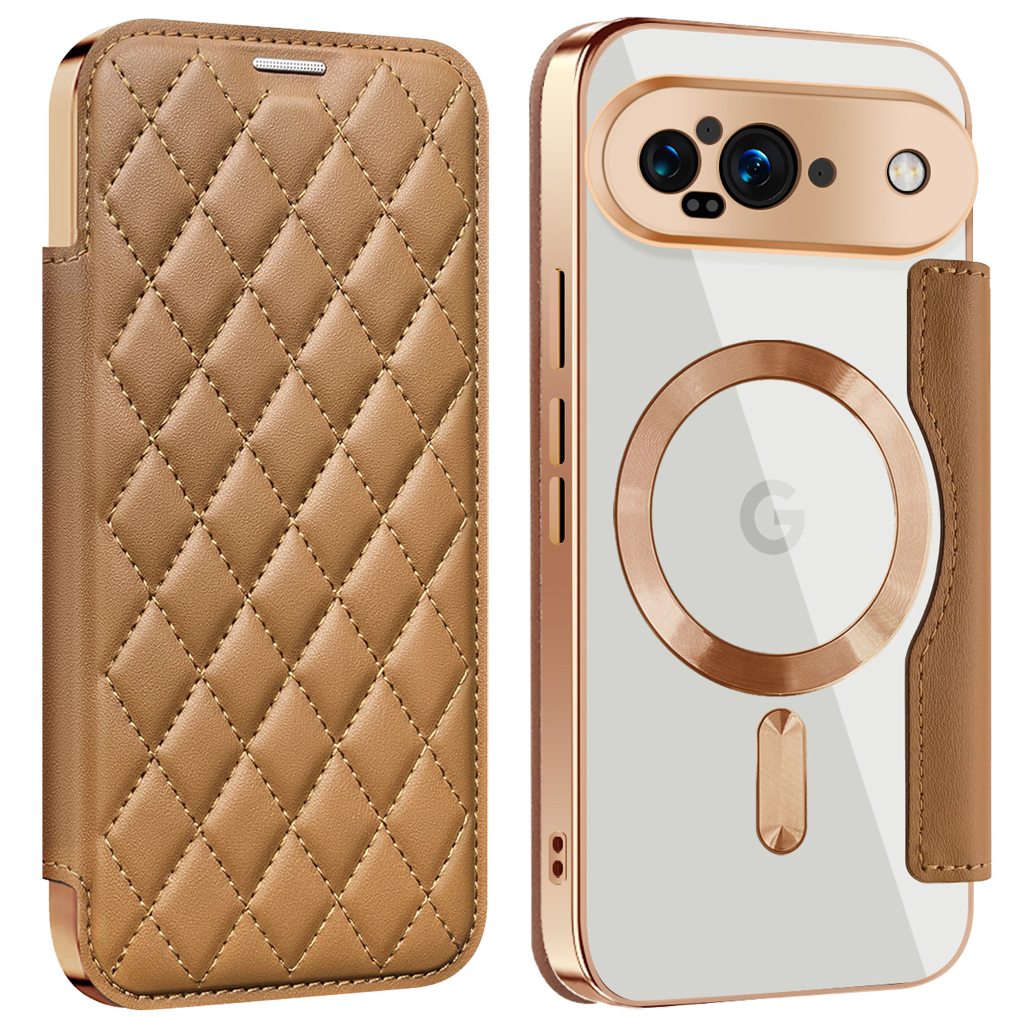 For Google Pixel 9 Magnetic Case Rhombus PU Leather Phone Cover - Brown