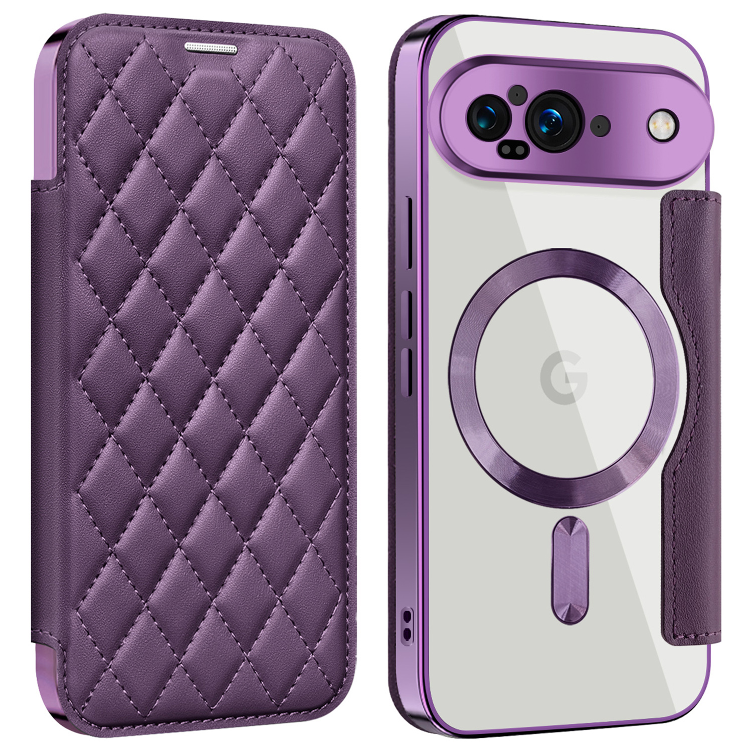 For Google Pixel 9 Magnetic Case Rhombus PU Leather Phone Cover - Purple