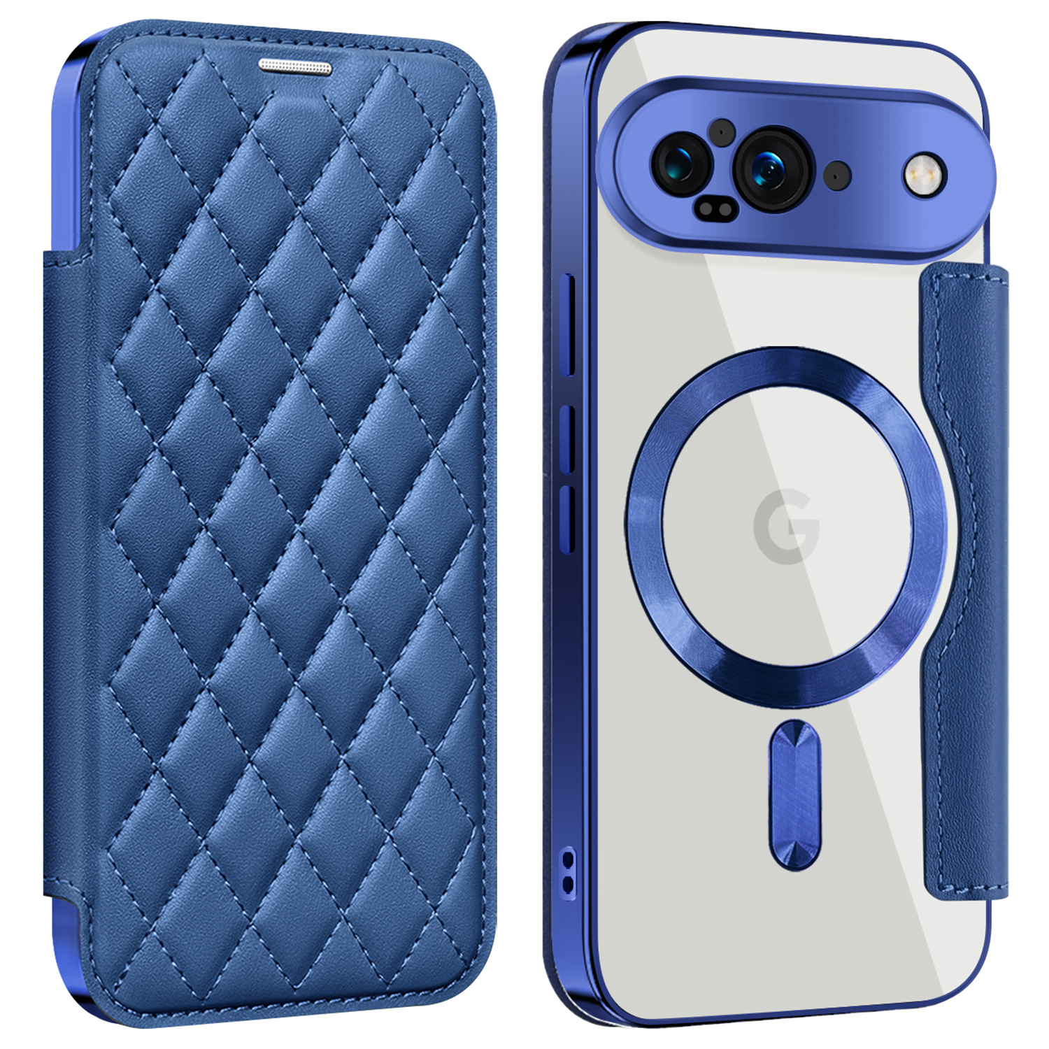 For Google Pixel 9 Magnetic Case Rhombus PU Leather Phone Cover - Sapphire