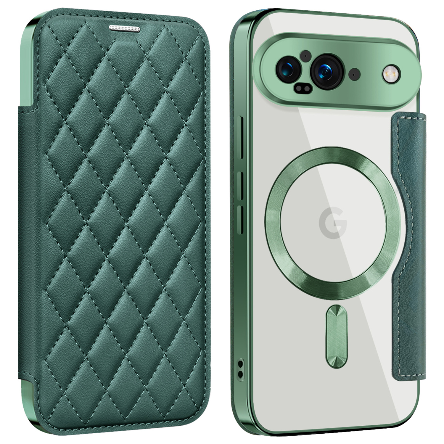 For Google Pixel 9 Magnetic Case Rhombus PU Leather Phone Cover - Blackish Green