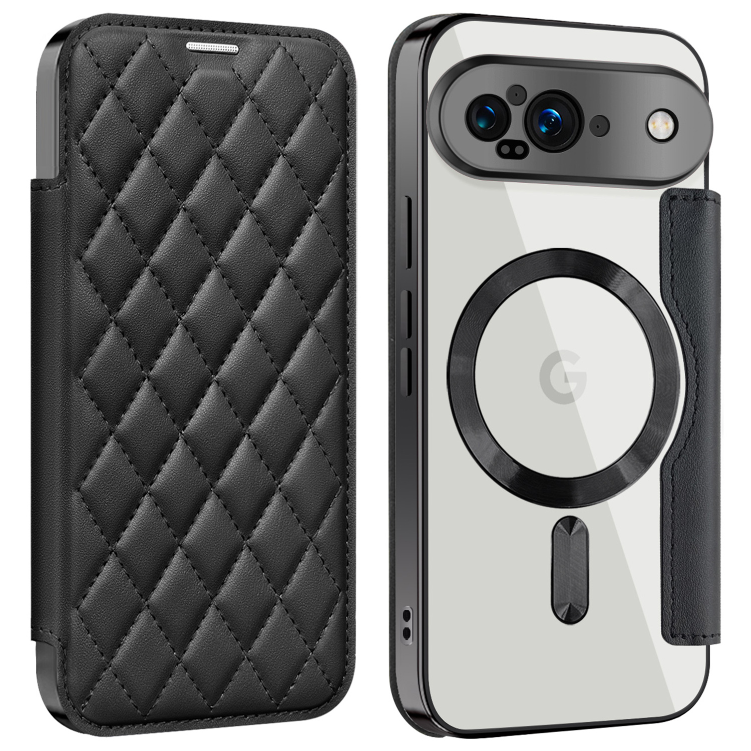 For Google Pixel 9 Magnetic Case Rhombus PU Leather Phone Cover - Black