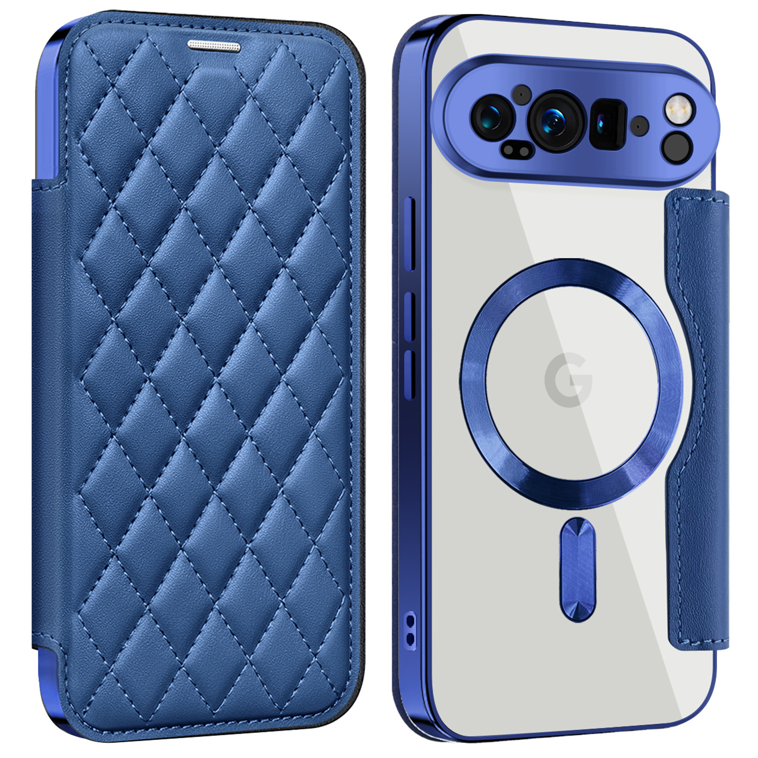 For Google Pixel 9 Pro XL Magnetic Case Rhombus PU Leather Phone Cover - Sapphire