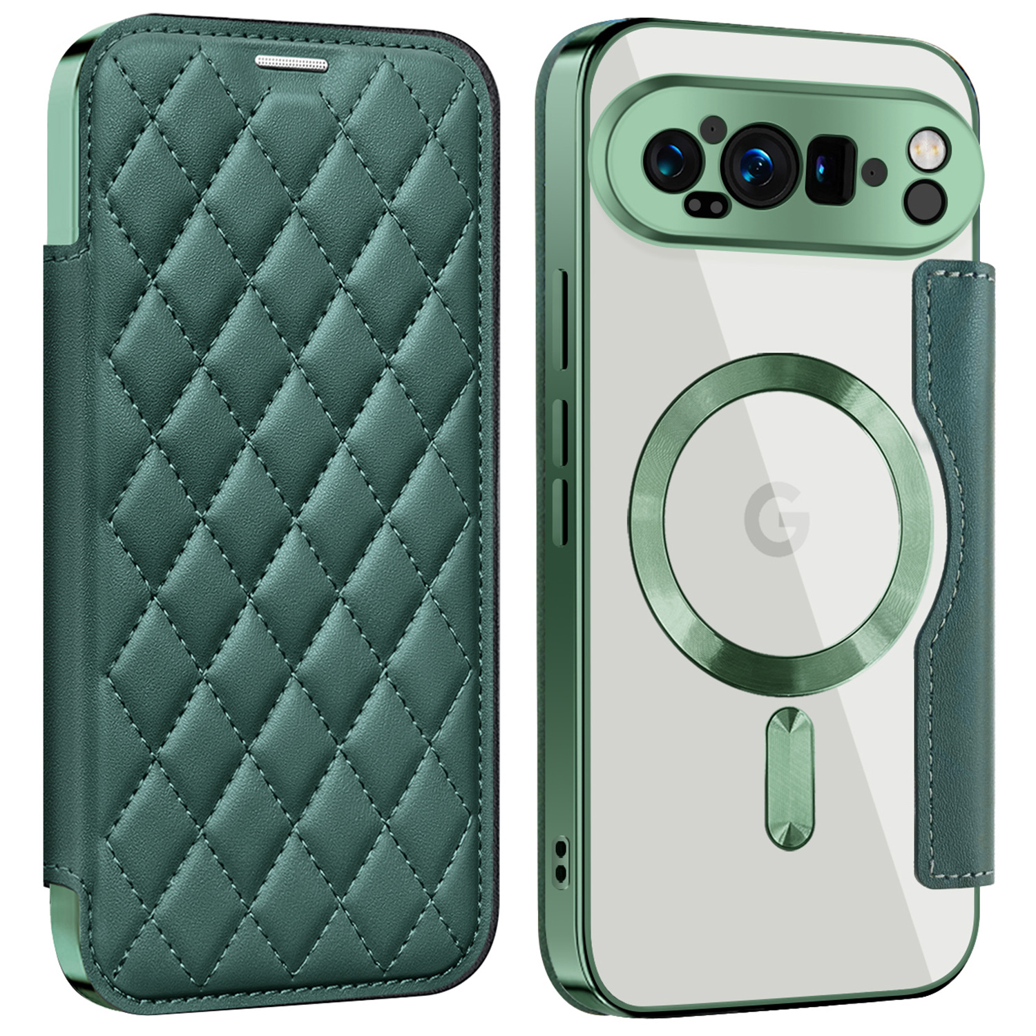 For Google Pixel 9 Pro XL Magnetic Case Rhombus PU Leather Phone Cover - Blackish Green
