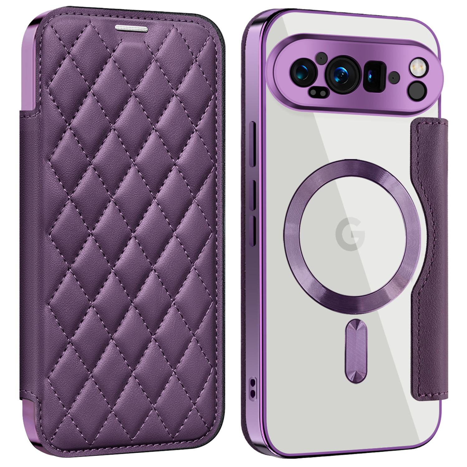 For Google Pixel 9 Pro XL Magnetic Case Rhombus PU Leather Phone Cover - Purple
