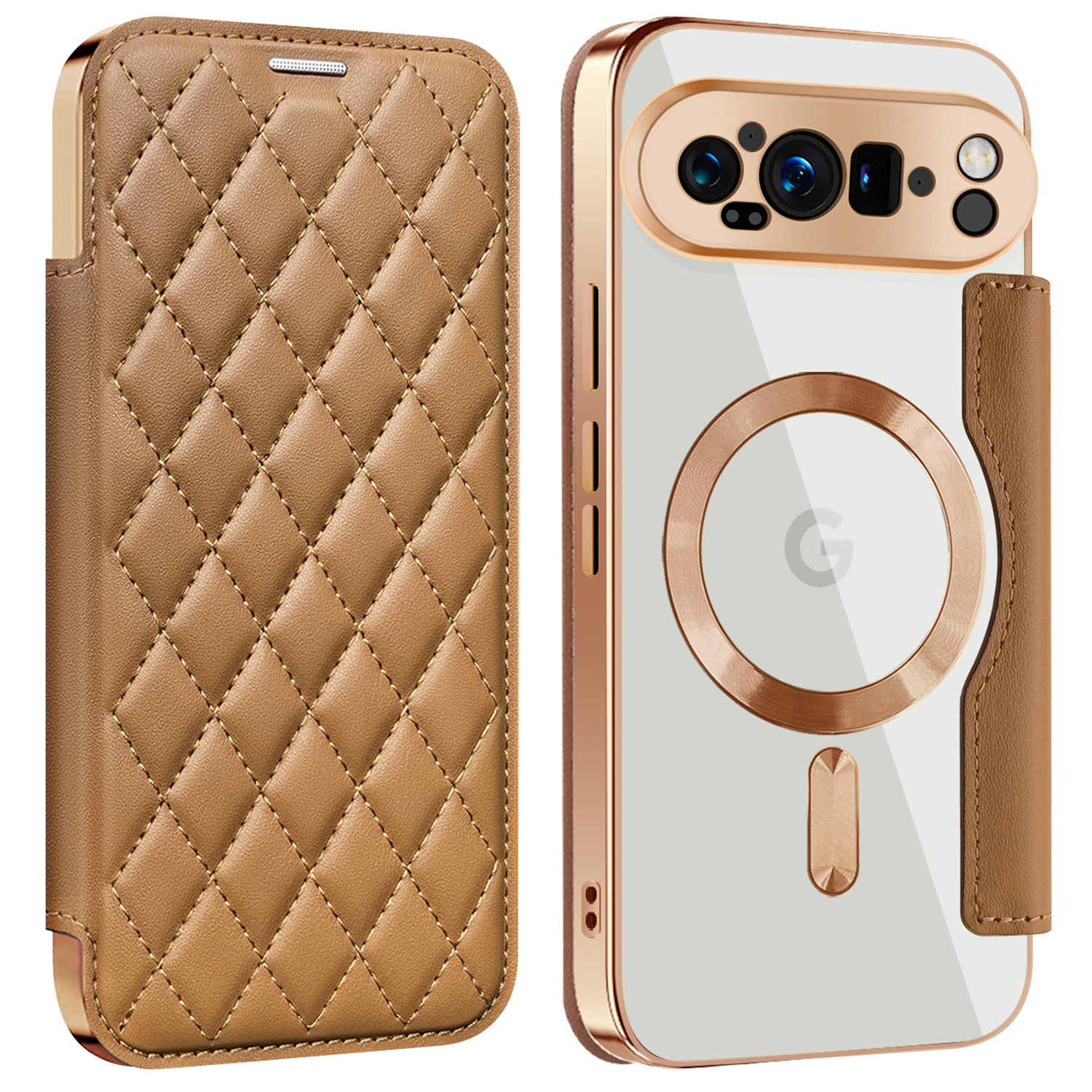 For Google Pixel 9 Pro XL Magnetic Case Rhombus PU Leather Phone Cover - Brown