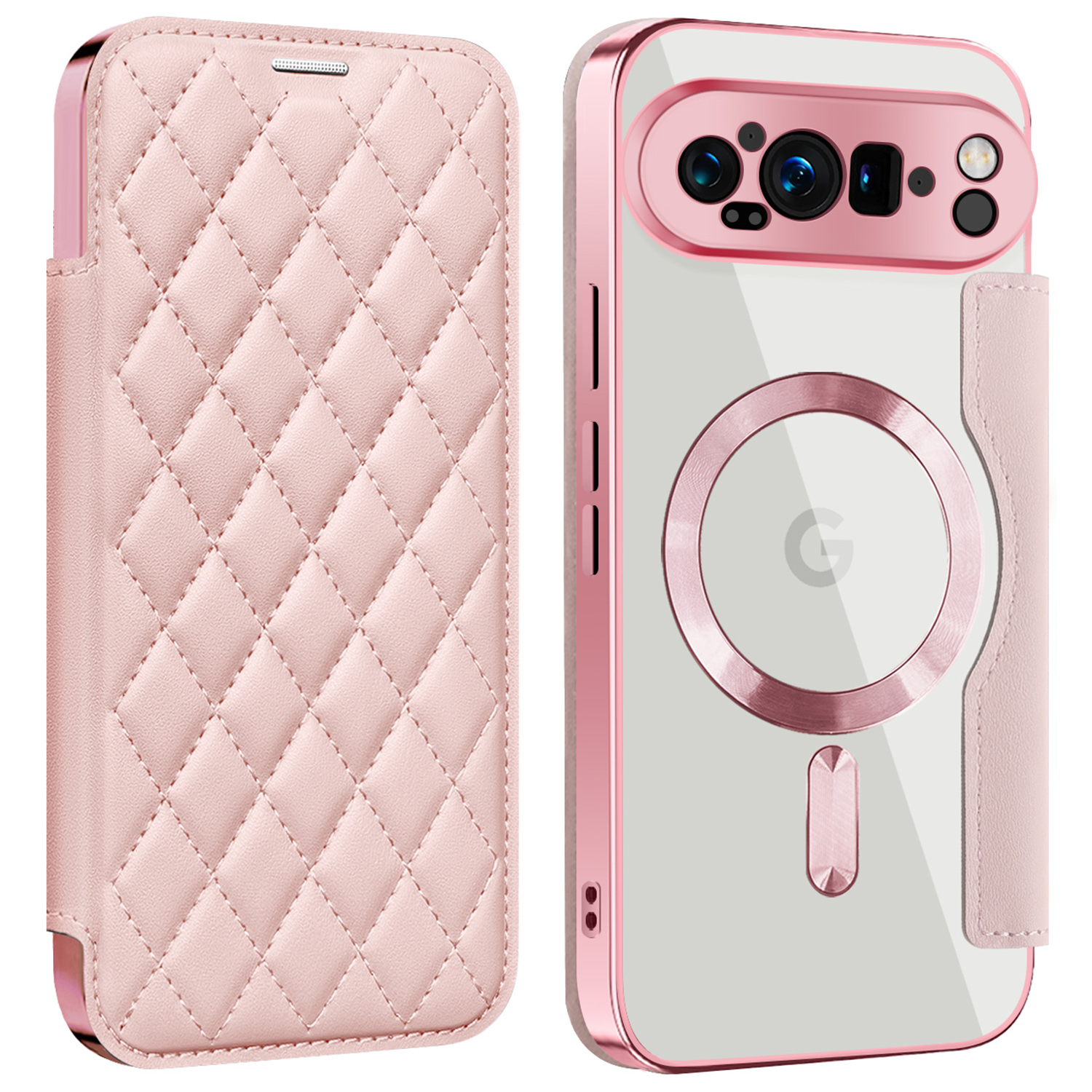 For Google Pixel 9 Pro XL Magnetic Case Rhombus PU Leather Phone Cover - Pink