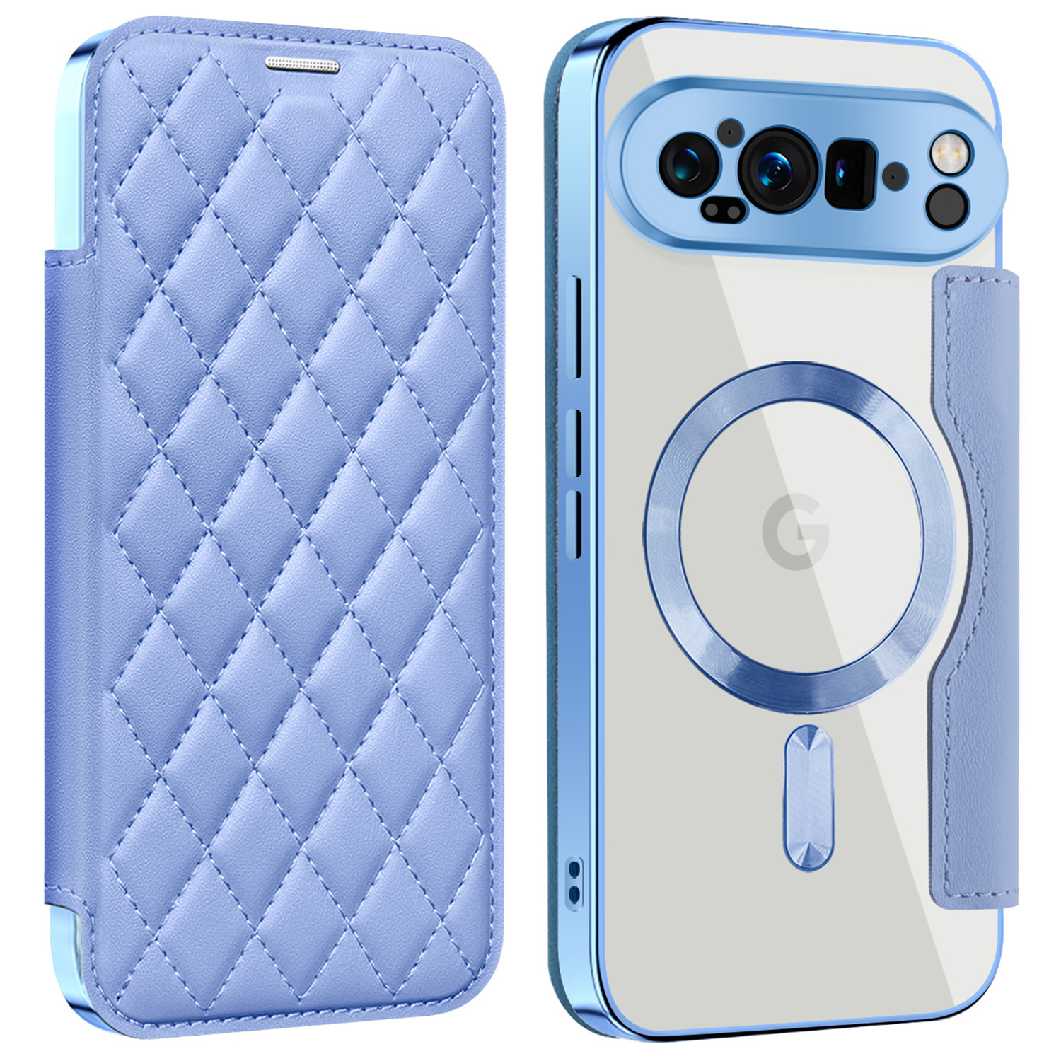 For Google Pixel 9 Pro XL Magnetic Case Rhombus PU Leather Phone Cover - Blue