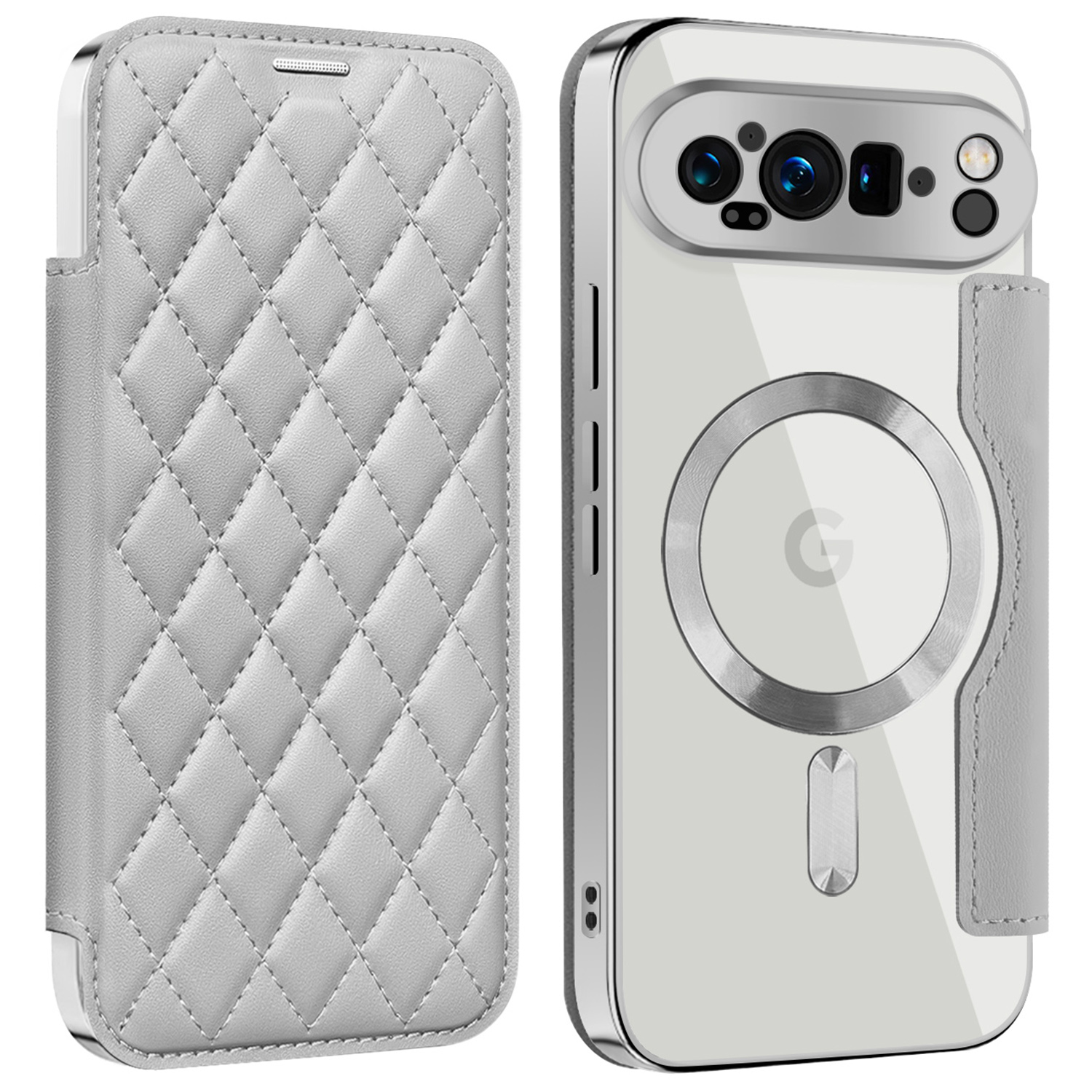 For Google Pixel 9 Pro XL Magnetic Case Rhombus PU Leather Phone Cover - Titanium Grey