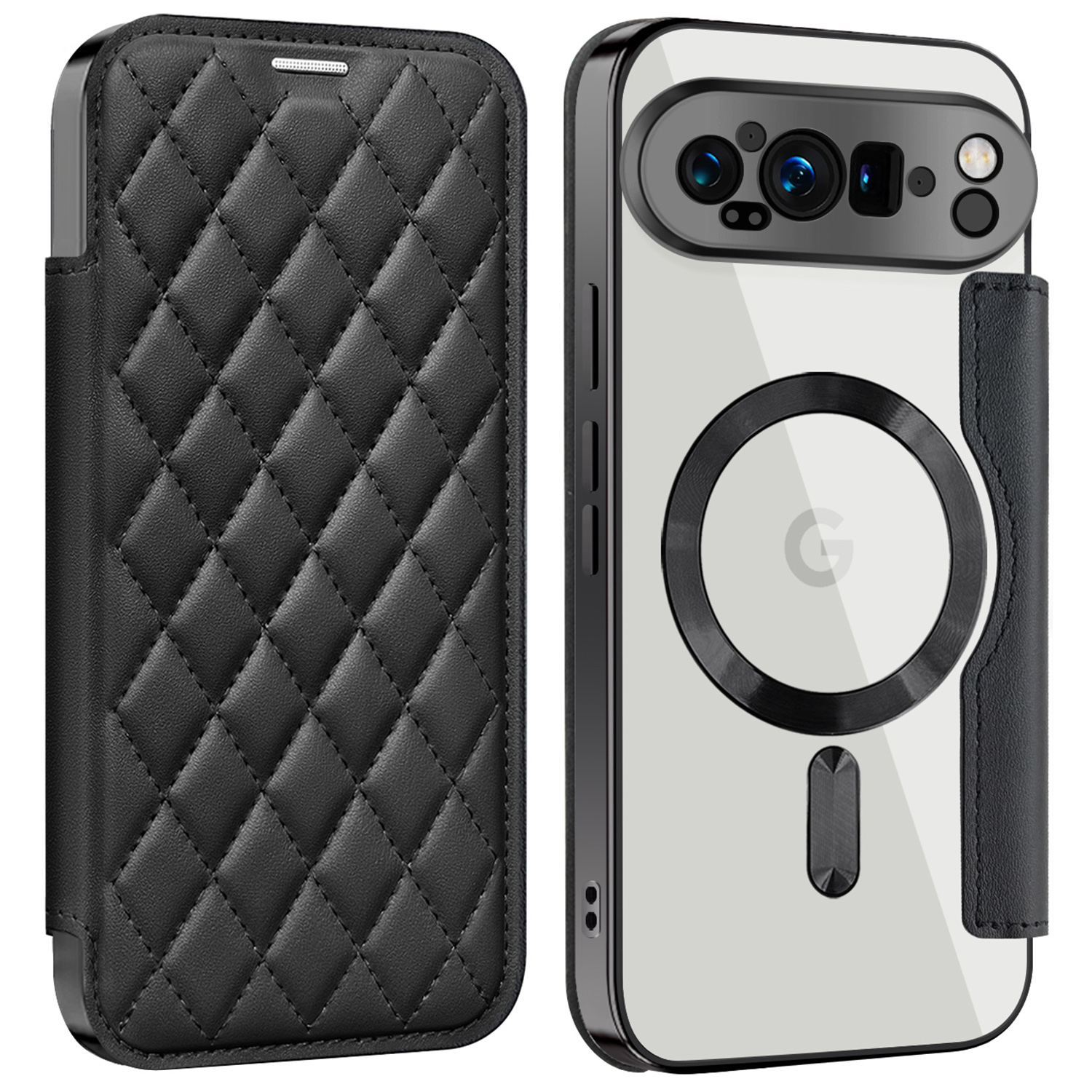 For Google Pixel 9 Pro XL Magnetic Case Rhombus PU Leather Phone Cover - Black