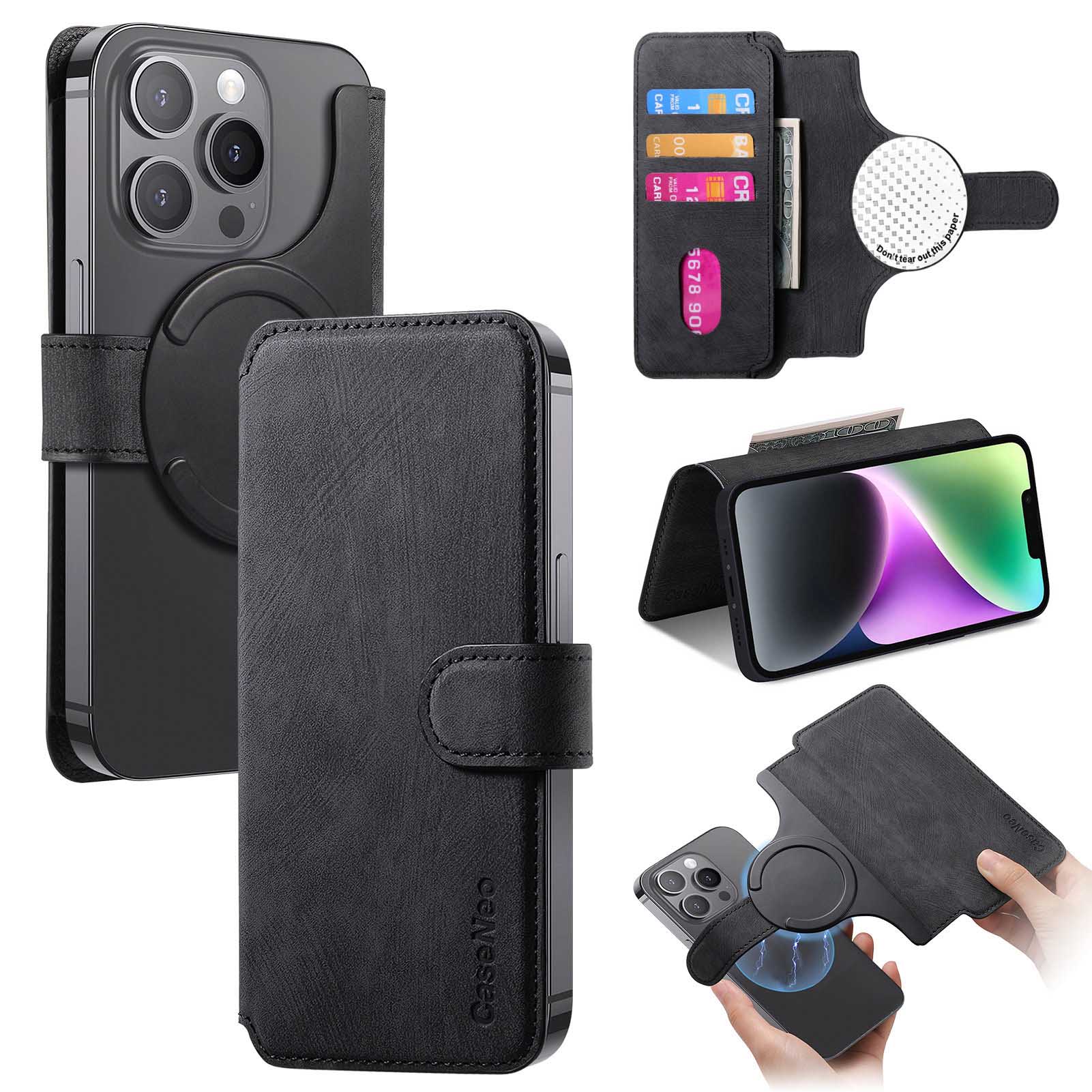 CASENEO MW-03S Magnetic Detachable Phone Cover for 6.4 inch Phone Retro Leather Wallet Stand - Black