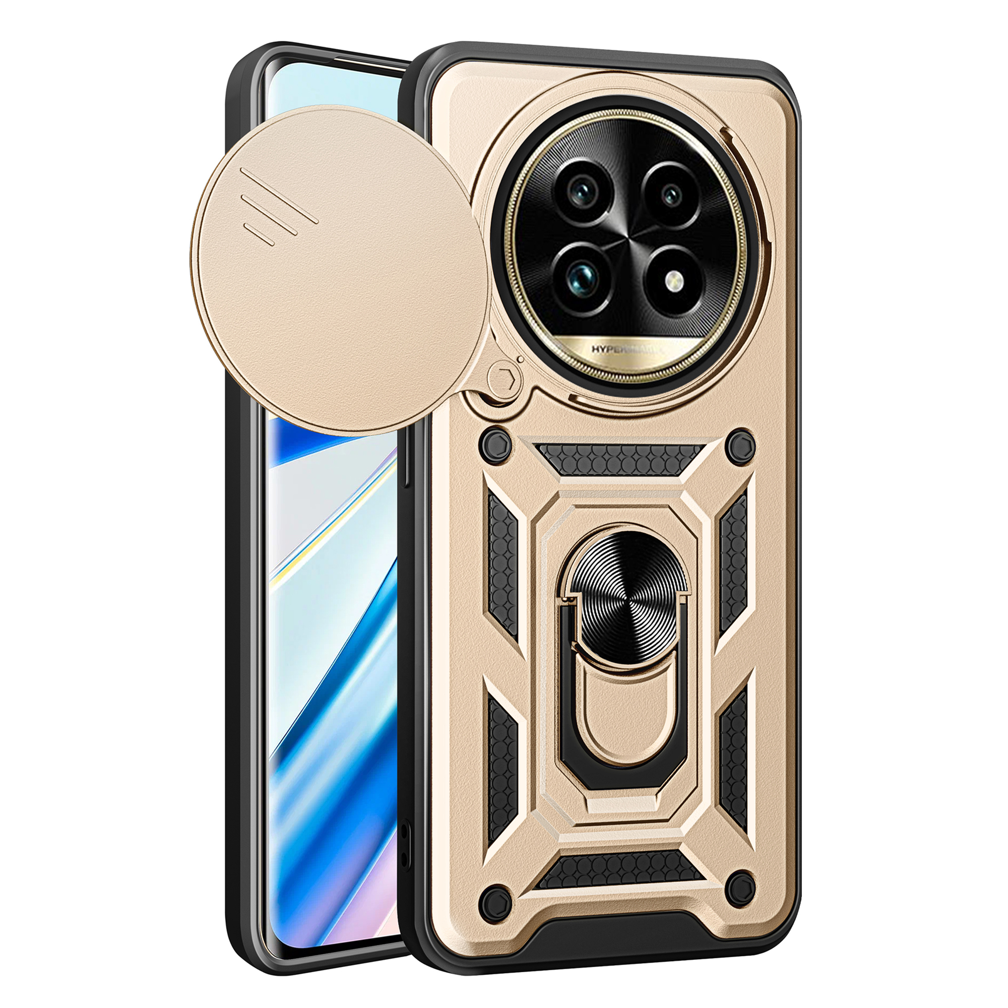 For Realme 13 Pro 5G (Global) / 13 Pro+ 5G (Global) Case with Slide Camera Lid PC+TPU Kickstand Phone Cover - Gold