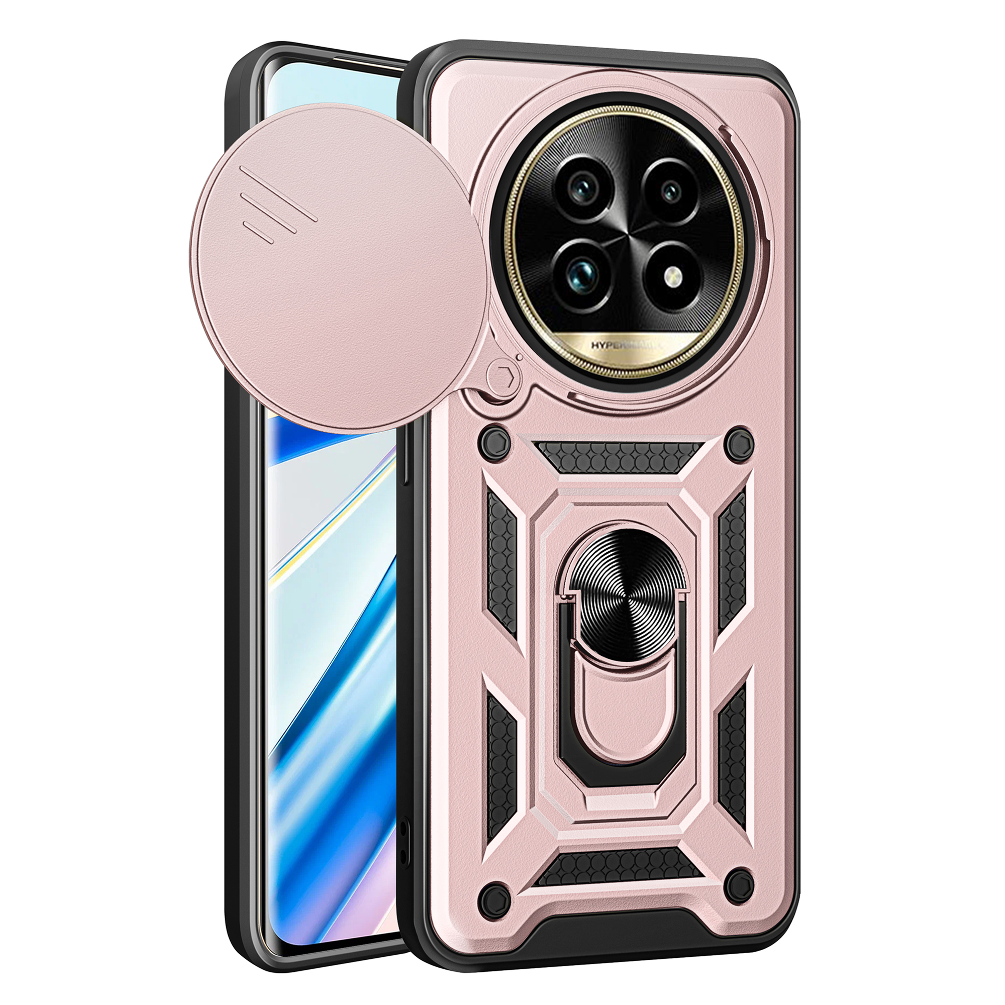 For Realme 13 Pro 5G (Global) / 13 Pro+ 5G (Global) Case with Slide Camera Lid PC+TPU Kickstand Phone Cover - Rose Gold