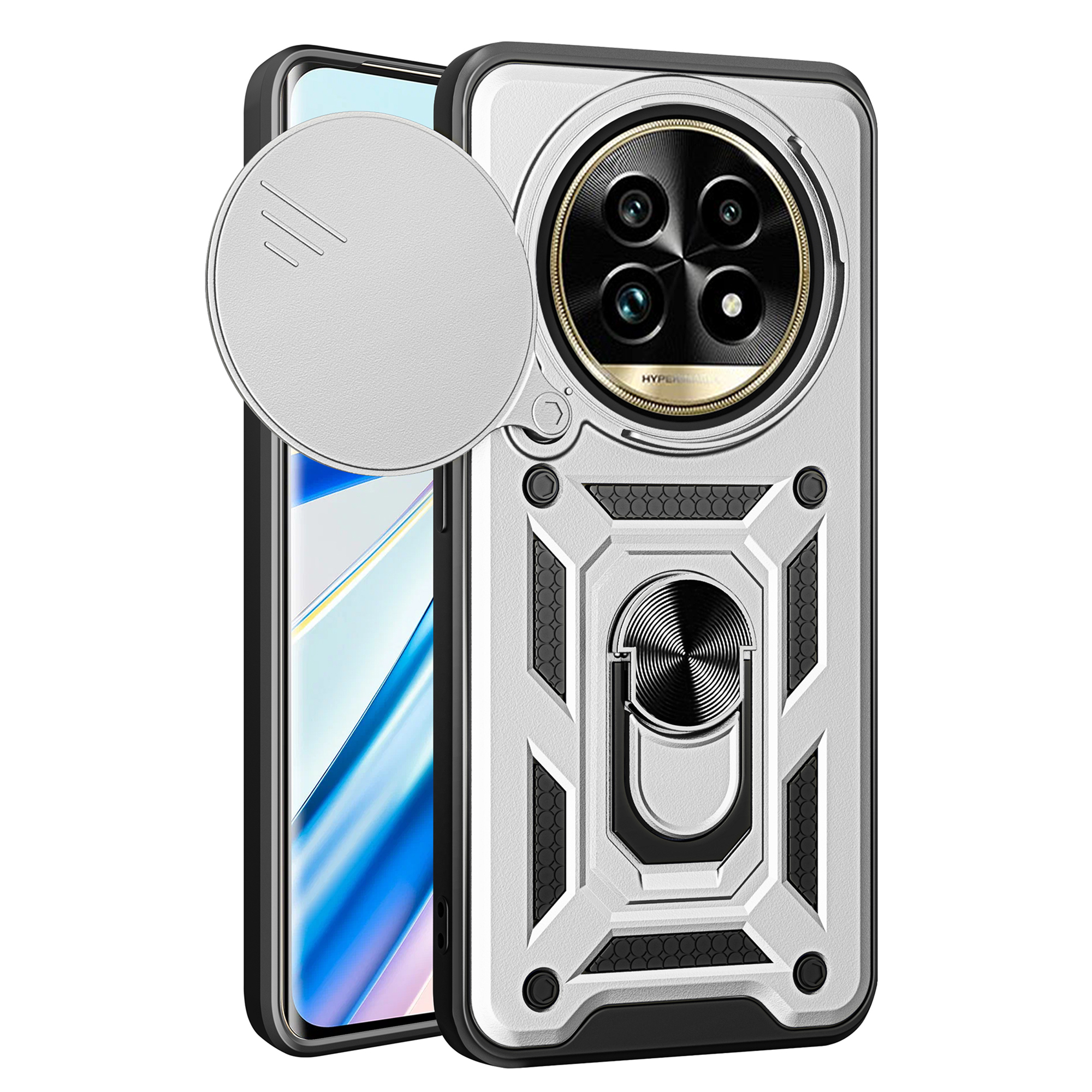 For Realme 13 Pro 5G (Global) / 13 Pro+ 5G (Global) Case with Slide Camera Lid PC+TPU Kickstand Phone Cover - Silver