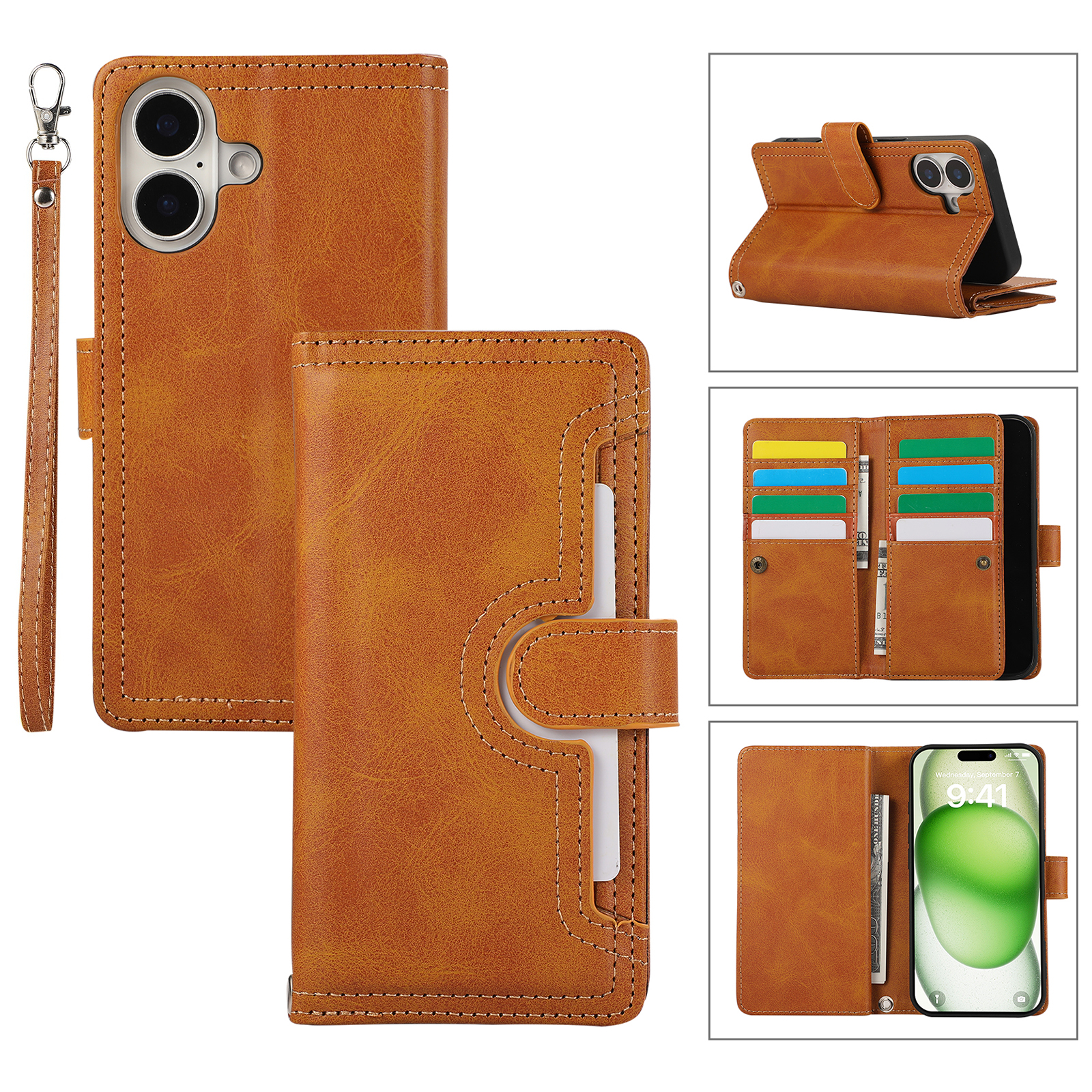 For iPhone 16 Case Split Leather Magnetic Wallet Phone Protector with Wrist Strap - Brown