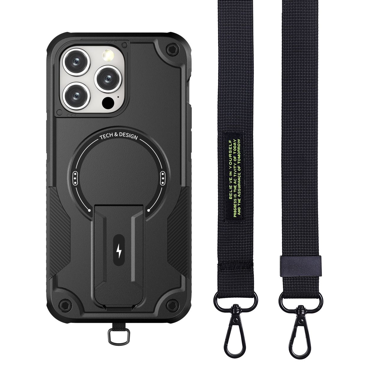 For iPhone 16 Pro Max Case Compatible with MagSafe TPU+PC Kickstand Phone Cover with Strap - Black