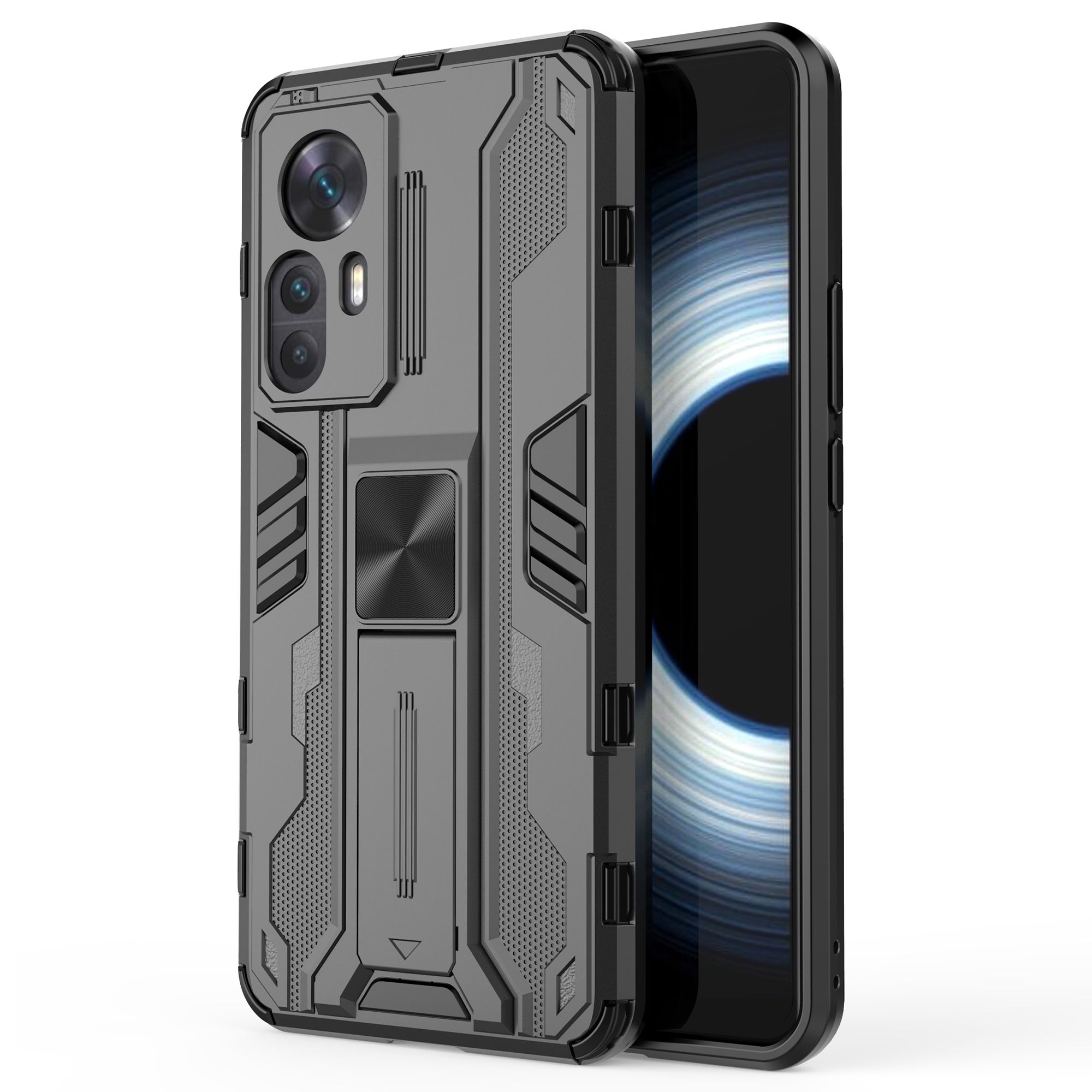 

Für Xiaomi Redmi K50 Ultra 5G Drop-proof-telefonhülle Kickstand Anti-kratzer Hartes PC Soft TPU Hybrid Rückenabdeckung - Schwarz, Xiaomi Redmi K50 Ultra