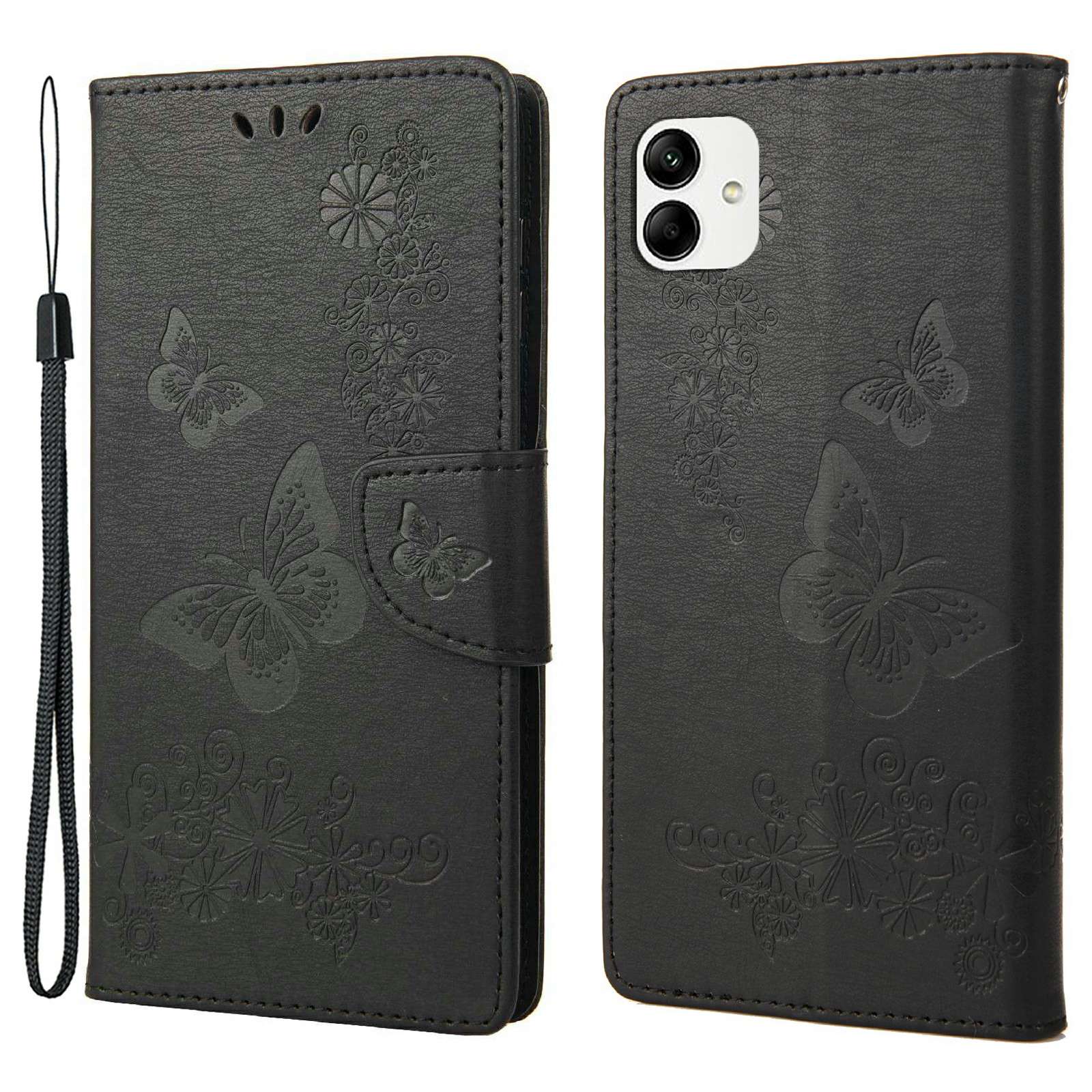 

PU Leather Phone Case For Samsung Galaxy A04 4G (164.4 x 76.3 x 9.1 mm), Big Butterflies Flower Pattern Imprinting Magnetic Clasp Anti-fall Wallet Cover Stand with Strap - Black, Galaxy A04 4G (164.4 x 76.3 x 9.1 mm)