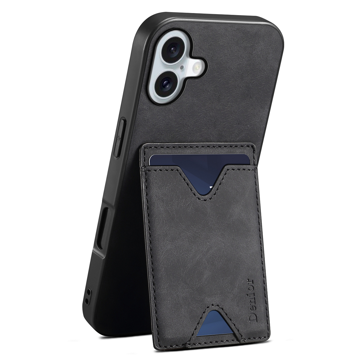 DENIOR For iPhone 16 Plus Case Leather+TPU Card Slot Kickstand Phone Cover - Black
