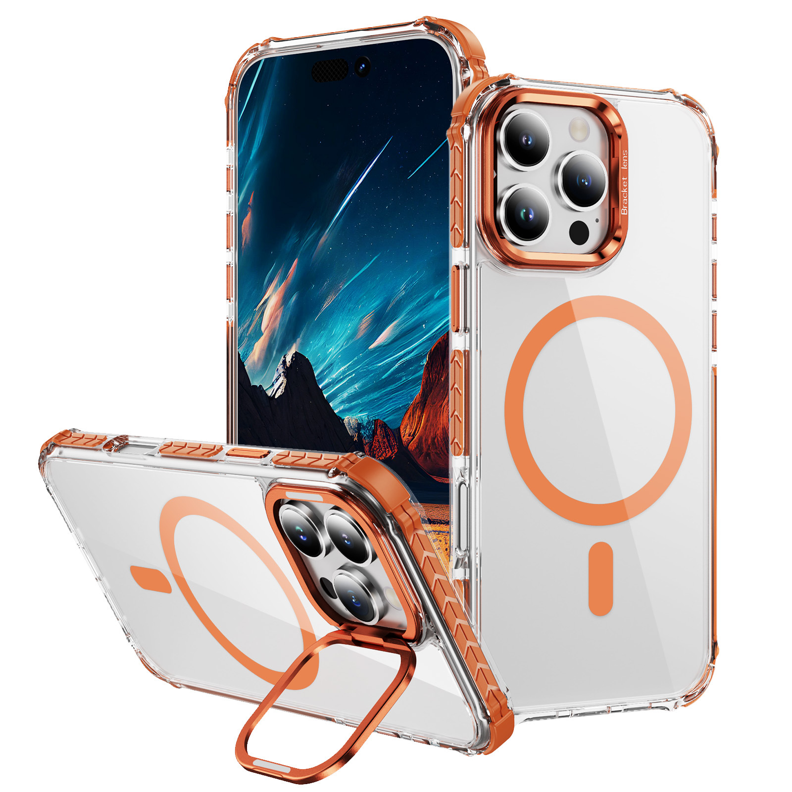 For iPhone 16 Pro Max Clear Phone Case with Lens Kickstand Cover Compatible with MagSafe - Orange