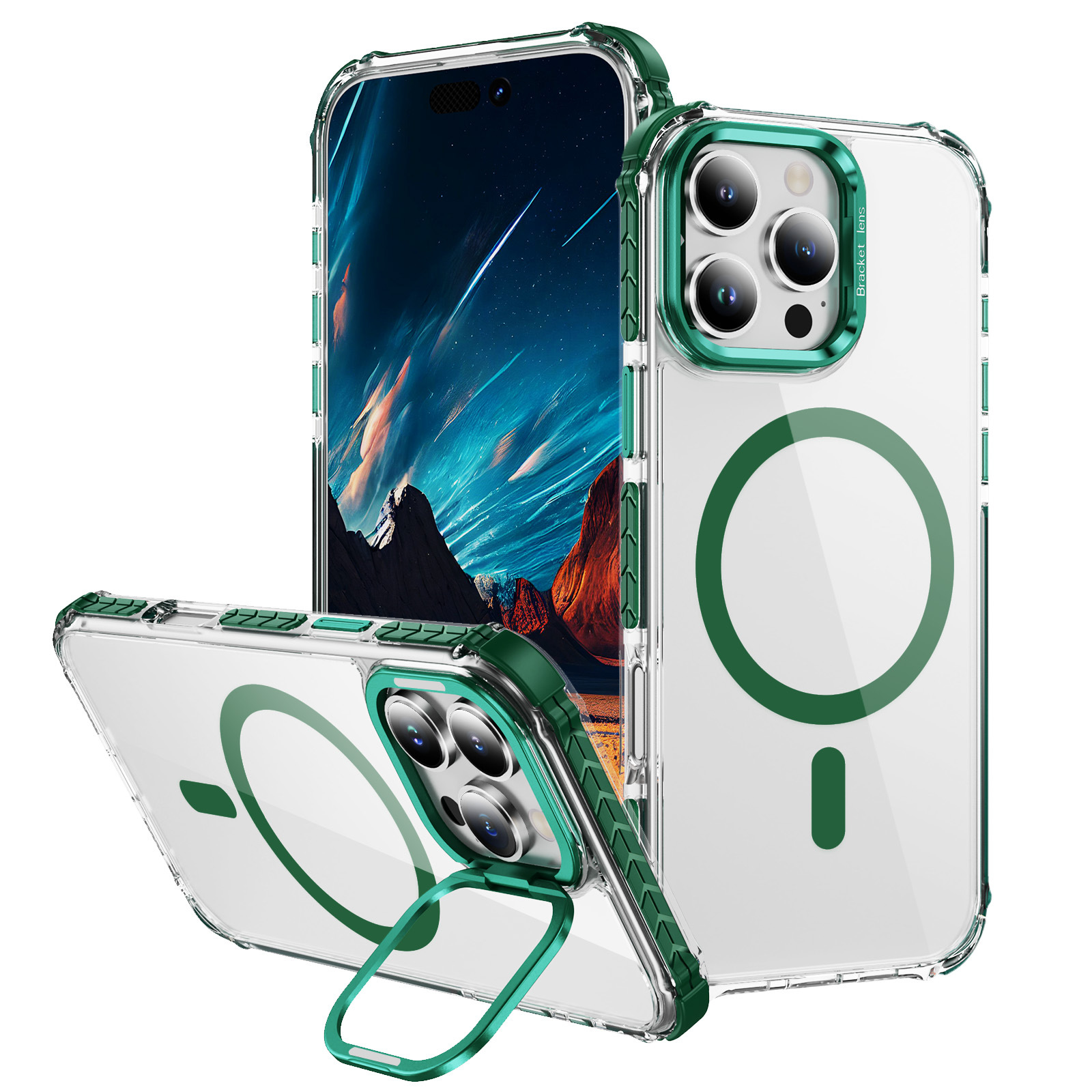 For iPhone 15 Pro Max Clear Phone Case with Lens Kickstand Cover Compatible with MagSafe - Green