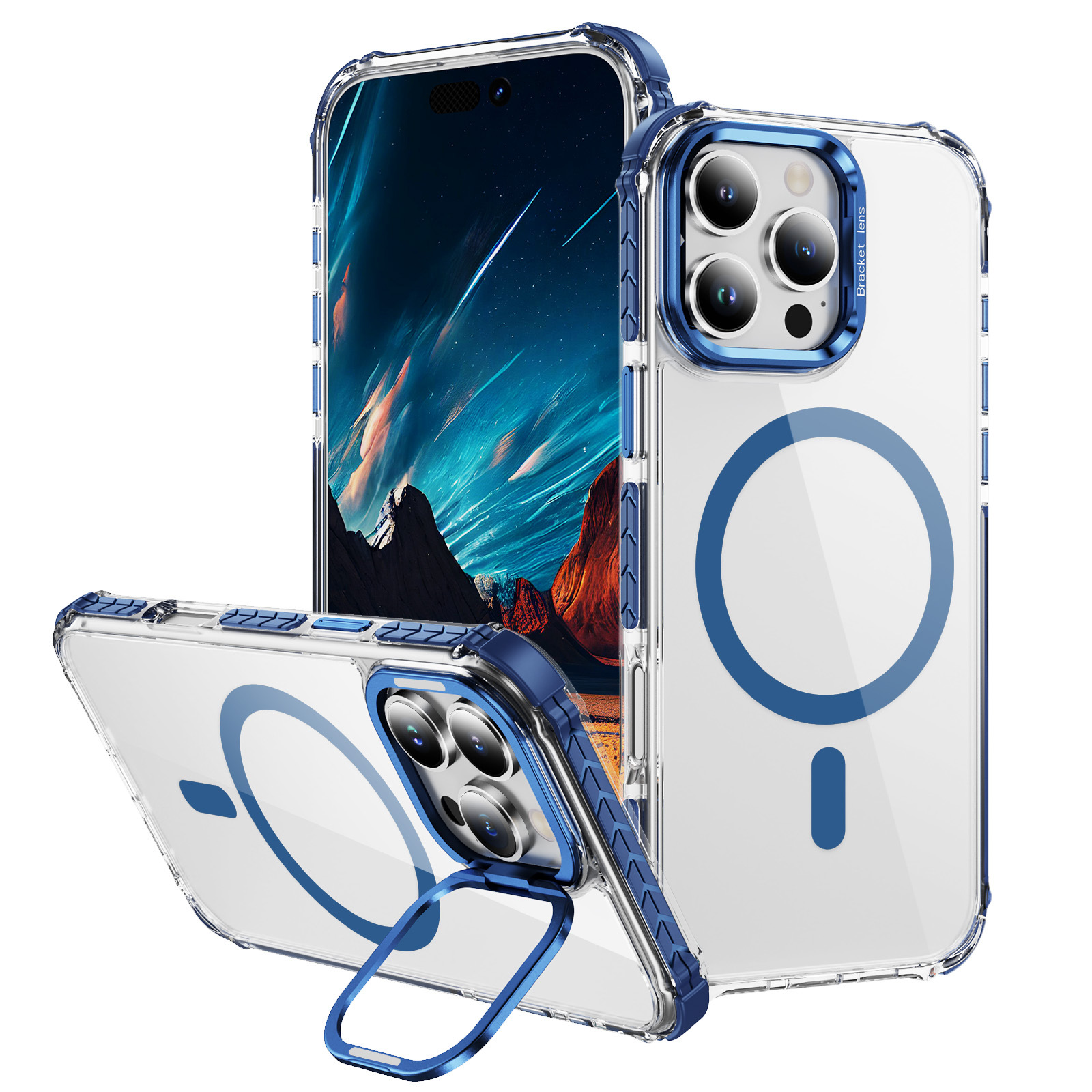 For iPhone 15 Pro Clear Phone Case with Lens Kickstand Cover Compatible with MagSafe - Blue