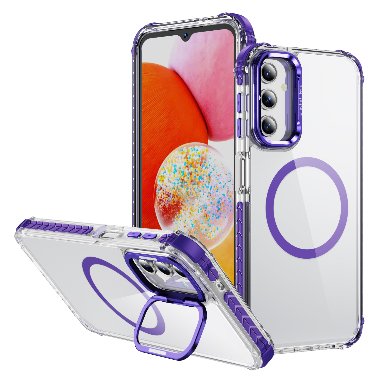 For Samsung Galaxy A15 4G  /  5G Clear Phone Case with Lens Kickstand Cover Magnetic Case - Purple