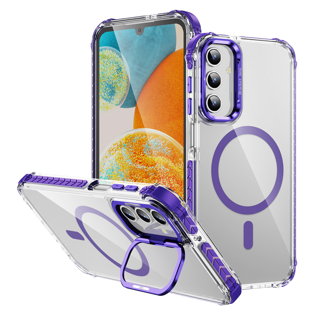 For Samsung Galaxy S24 Clear Phone Case with Lens Kickstand Cover Magnetic Case - Purple