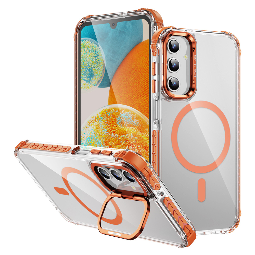 For Samsung Galaxy S24 Clear Phone Case with Lens Kickstand Cover Magnetic Case - Orange