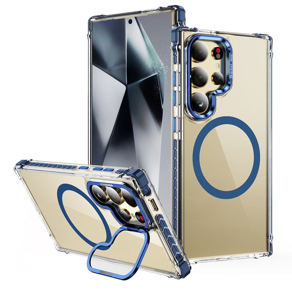 For Samsung Galaxy S24 Ultra Clear Phone Case with Lens Kickstand Cover Magnetic Case - Blue