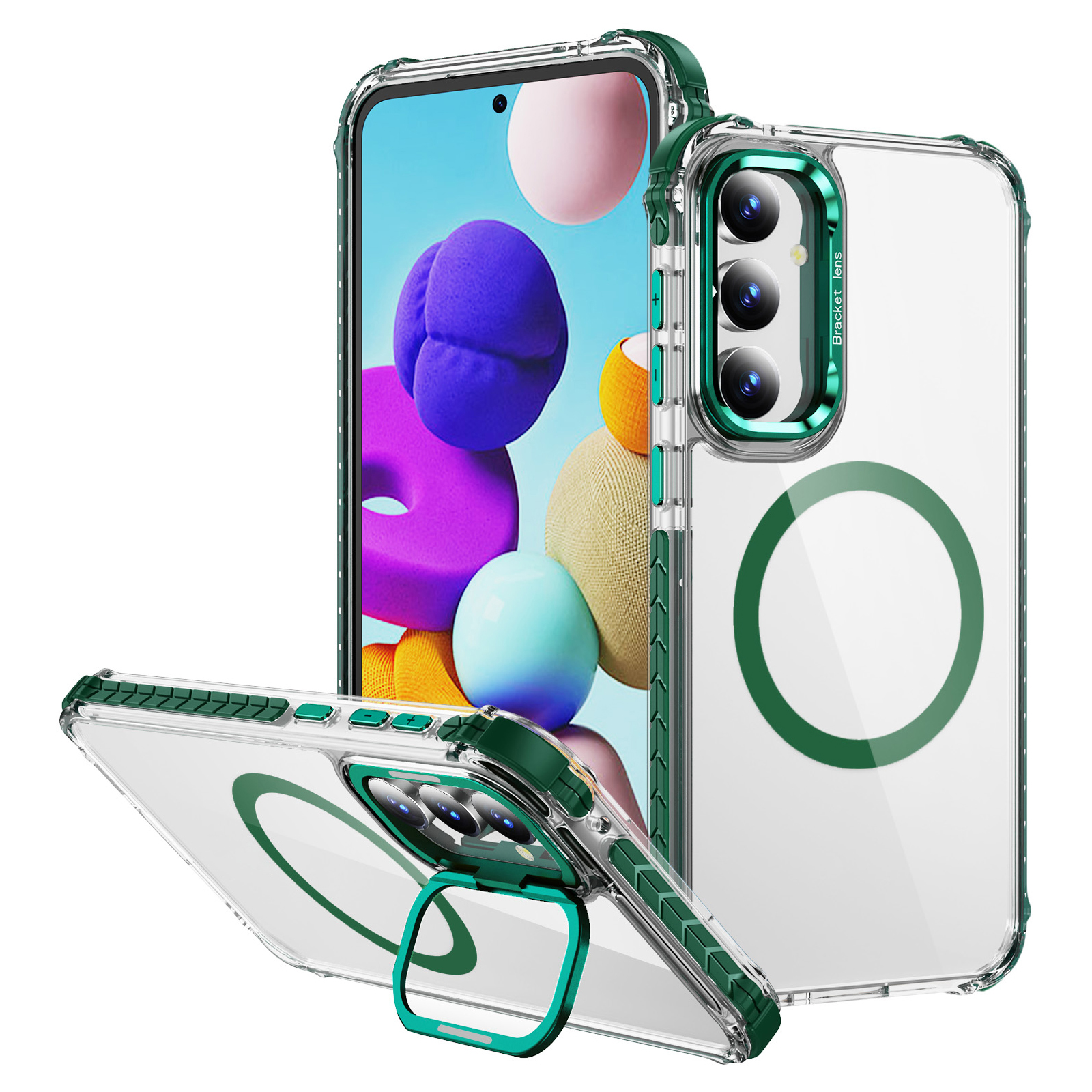 For Samsung Galaxy S23 FE Clear Phone Case with Lens Kickstand Cover Magnetic Case - Green