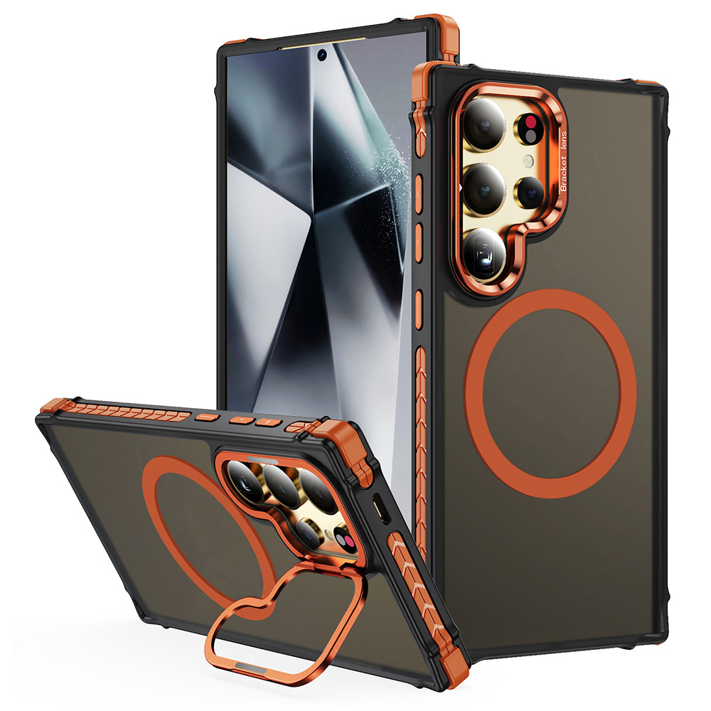 For Samsung Galaxy S24 Ultra Case with Lens Kickstand Matte Back Cover Magnetic Case - Orange
