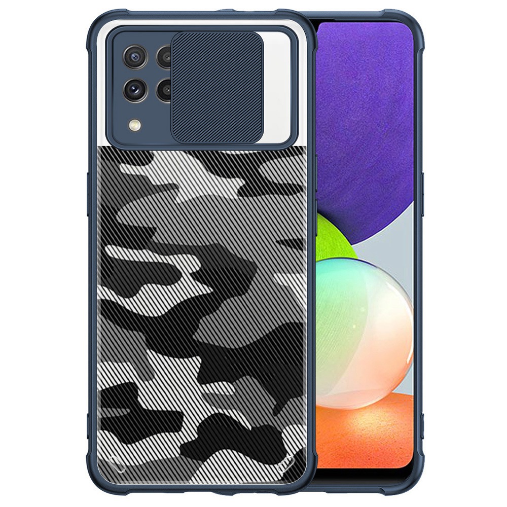 

RZANTS For Samsung Galaxy A22 4G (EU Version) Camouflage Pattern Phone Case Soft TPU Hard Acrylic Lens Slide Window Protective Cover - Blue, Galaxy A22 4G (EU Version)