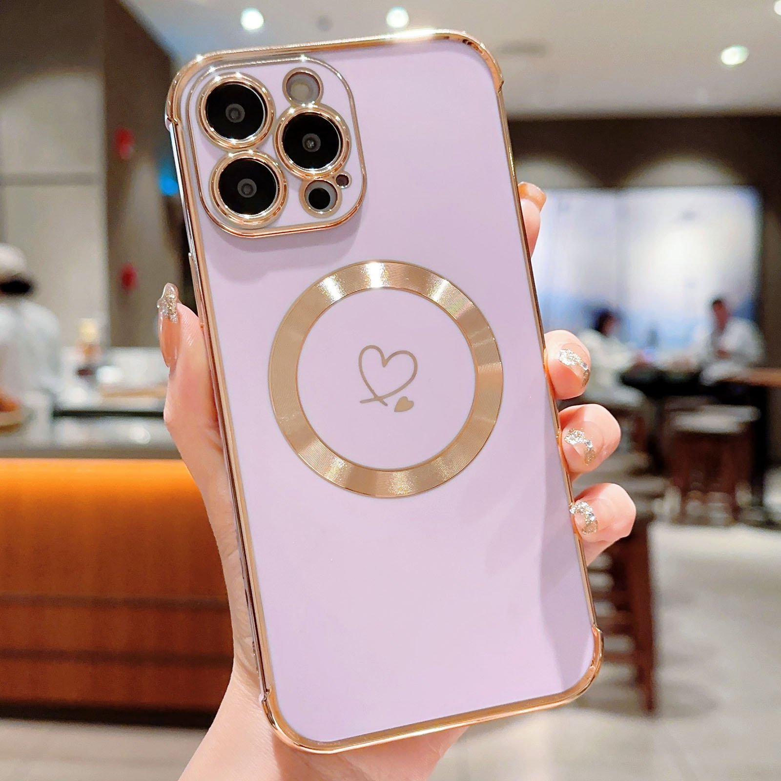 For iPhone 15 Pro Max Case Compatible with MagSafe Electroplated TPU Phone Cover Hollow Love Hearts -  Lavender Purple
