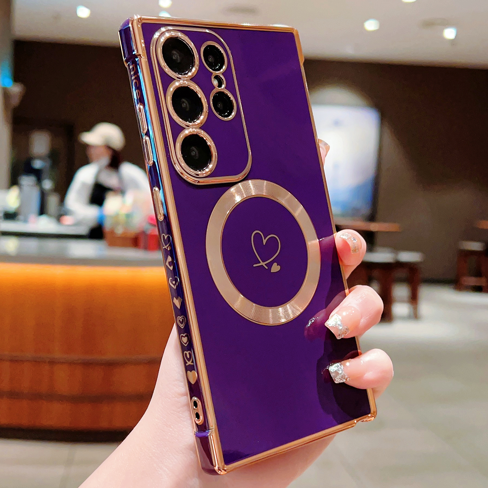 For Samsung Galaxy S24 Ultra Magnetic Case Electroplated TPU Phone Cover Hollow Love Hearts - Dark Purple