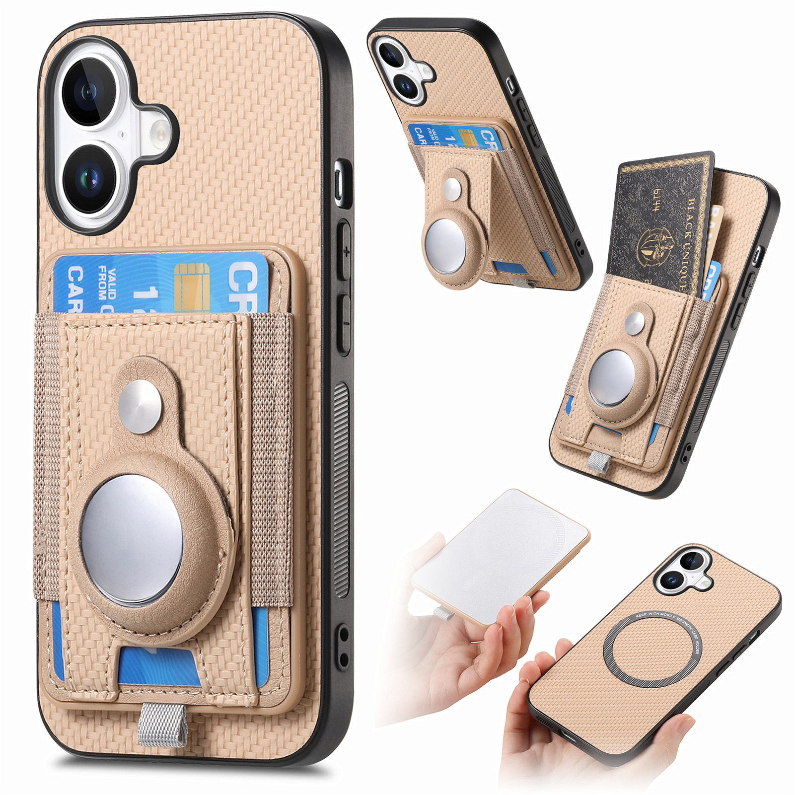For iPhone 16 Case with  AirTag Holder Detachable Card Slot Leather + TPU + PC Phone Cover - Apricot