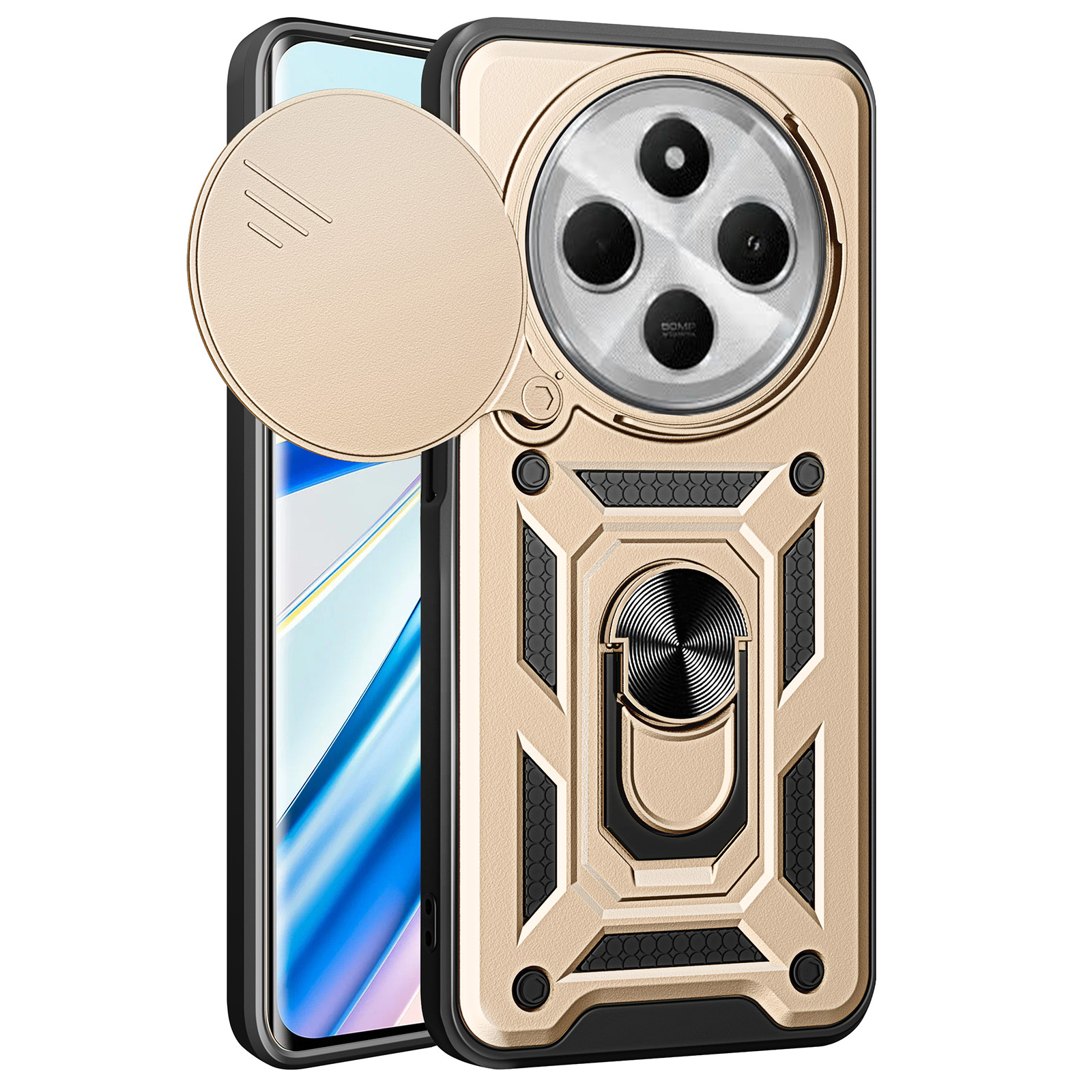 For Xiaomi Poco C75 4G / Redmi 14R 5G / 14C 4G Case with Slide Camera Lid PC+TPU Kickstand Phone Cover - Gold