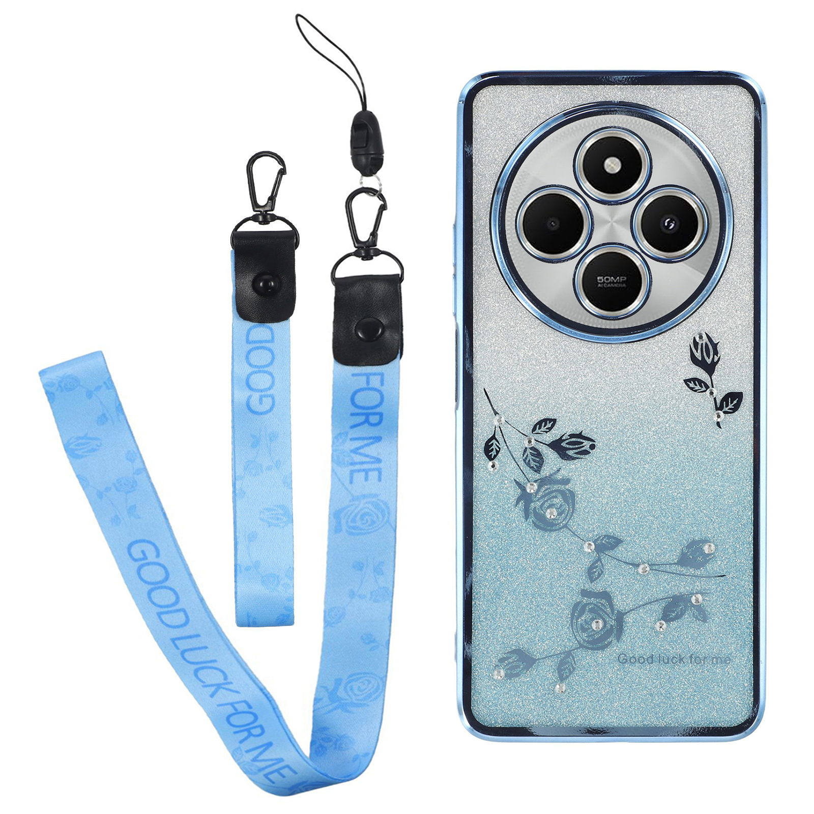 KADEM For Xiaomi Poco C75 4G / Redmi 14R 5G / 14C 4G Case Flower Pattern TPU Gradient Phone Cover with Lanyards - Blue