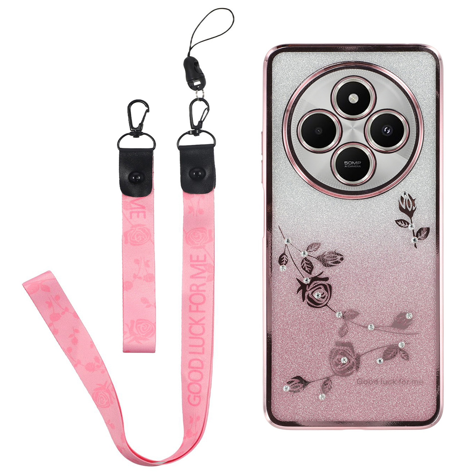 KADEM For Xiaomi Poco C75 4G / Redmi 14R 5G / 14C 4G Case Flower Pattern TPU Gradient Phone Cover with Lanyards - Rose Gold