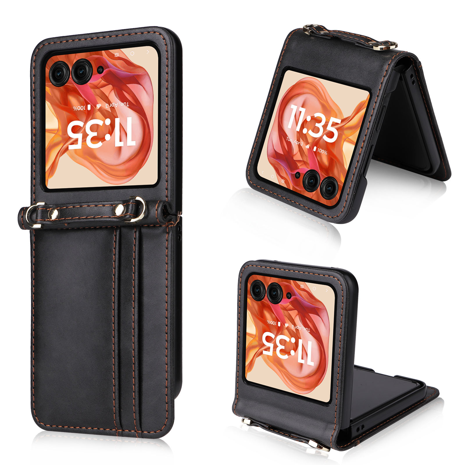 For Motorola Razr 2025 / Razr 2024 / Razr 60 / Razr 50 5G Case Card Slots Leather Phone Cover with Lanyard - Black