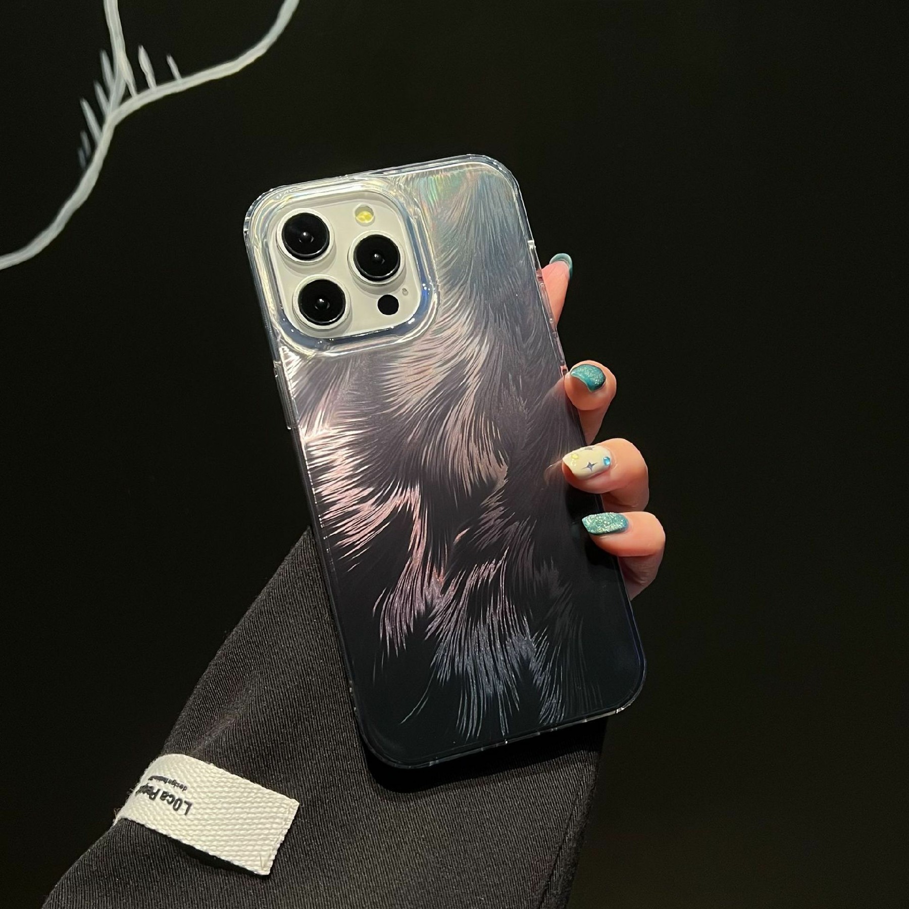 For iPhone 16 Pro Max Case Fox Tail Pattern Hot Stamping Electroplating Soft TPU Phone Shell - Black