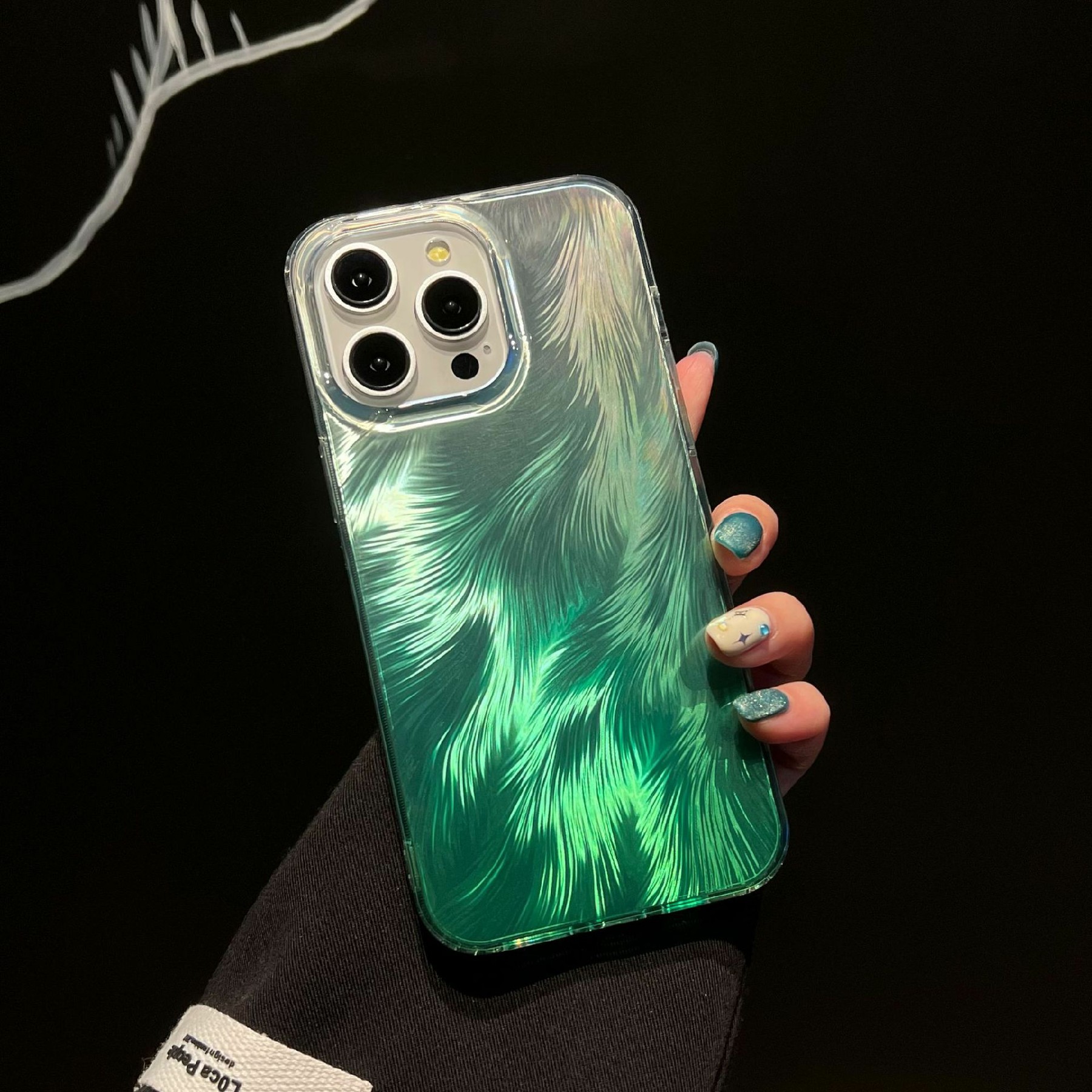 For iPhone 16 Pro Max Case Fox Tail Pattern Hot Stamping Electroplating Soft TPU Phone Shell - Green