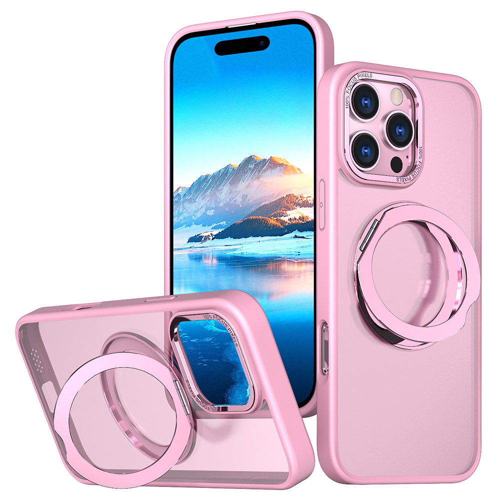 For iPhone 16 Pro Max Case Rotating Magnetic Kickstand Acrylic+TPU Shockproof Phone Cover - Pink